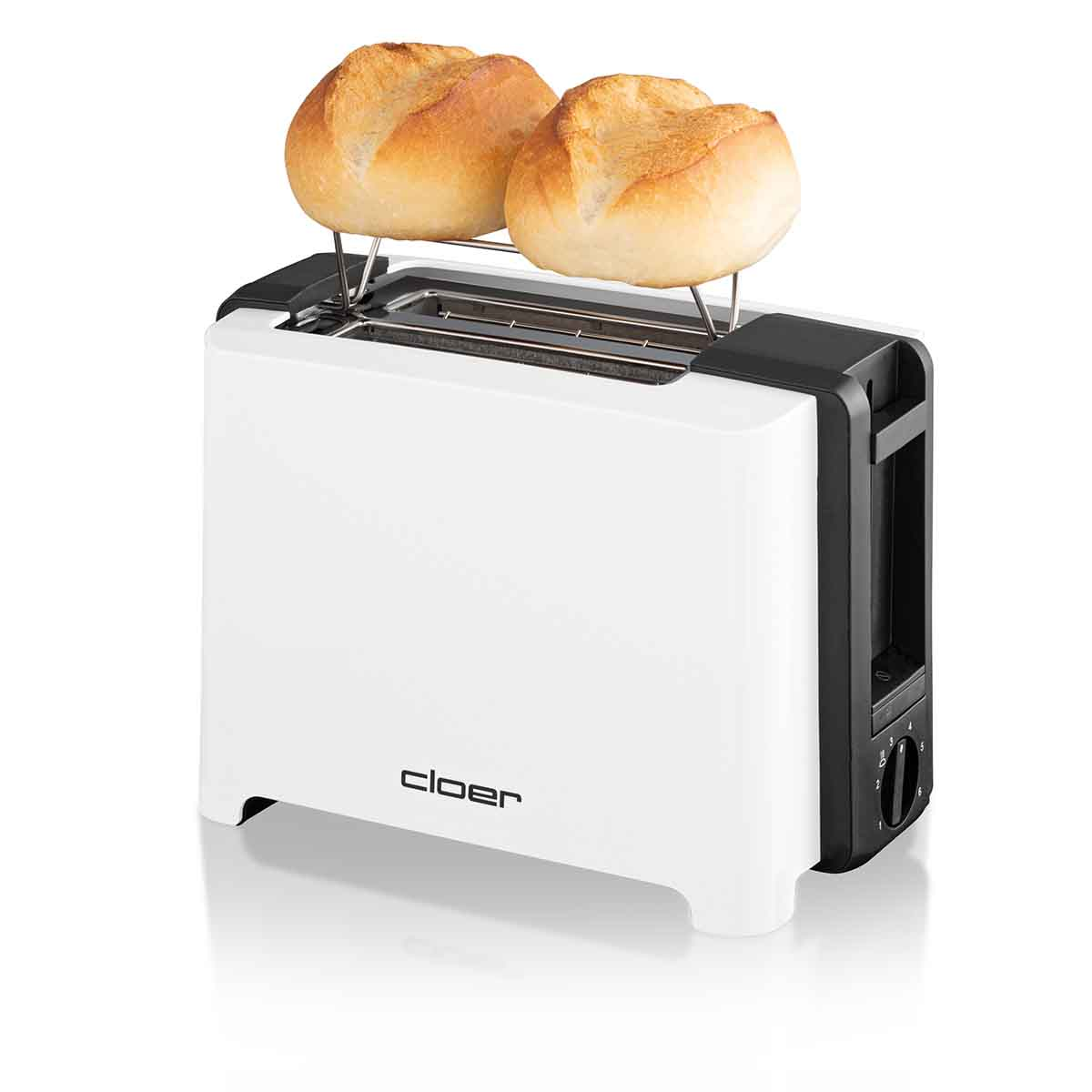 Biały toster z dwoma bułkami na podgrzewaczu.