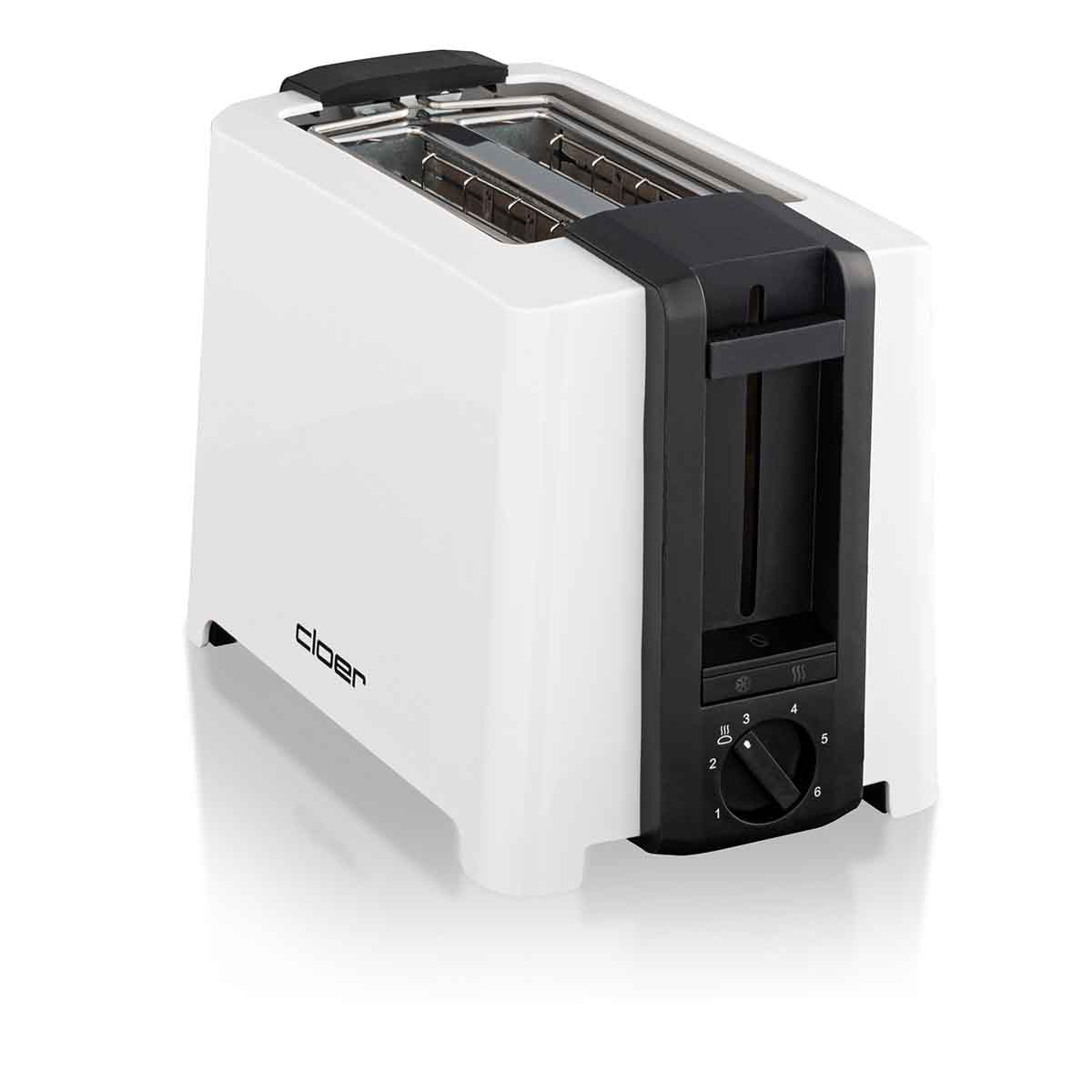 Biały toster z czarną dźwignią i pokrętłem na białym tle.
