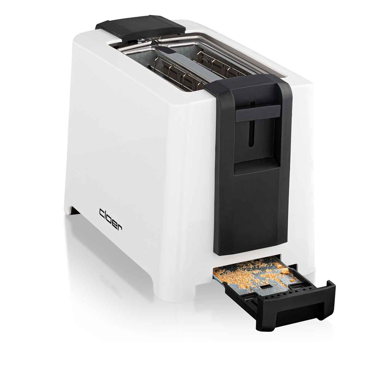 Nowoczesny biały toster z czarną ramką i wysuniętą tacką na okruchy.