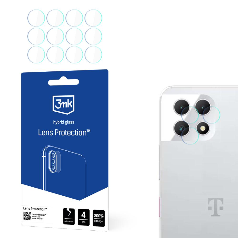 Confezione per vetro ibrido 3mk Lens Protection, mostrate 4 pezzi. La fotocamera di un telefono è mostrata con i protettori applicati.