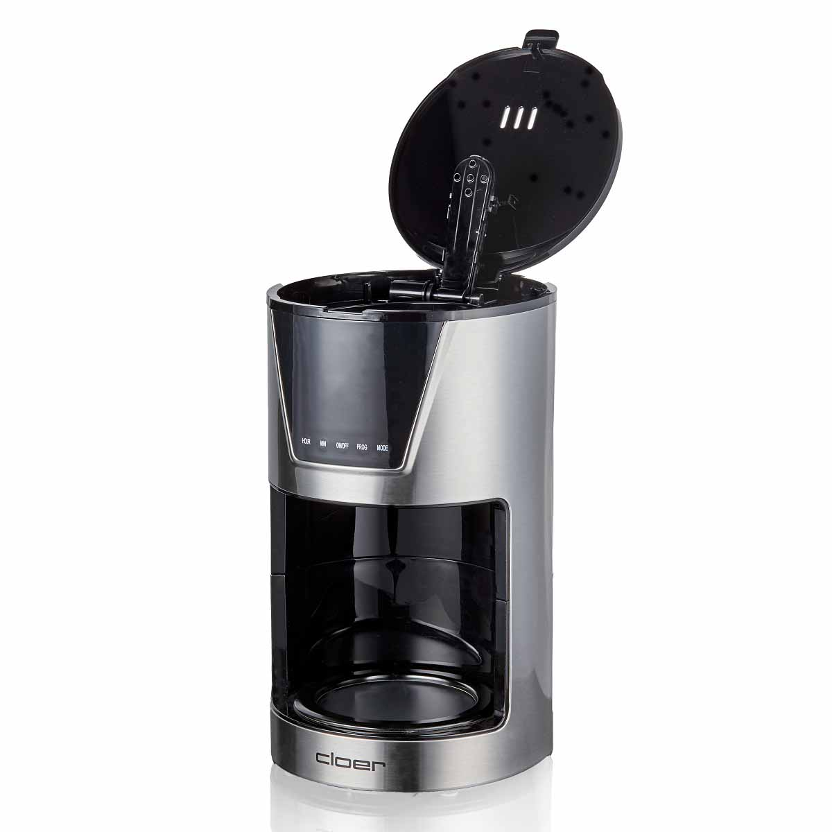 Srebrno-czarna ekspres do kawy z otwartą pokrywą.