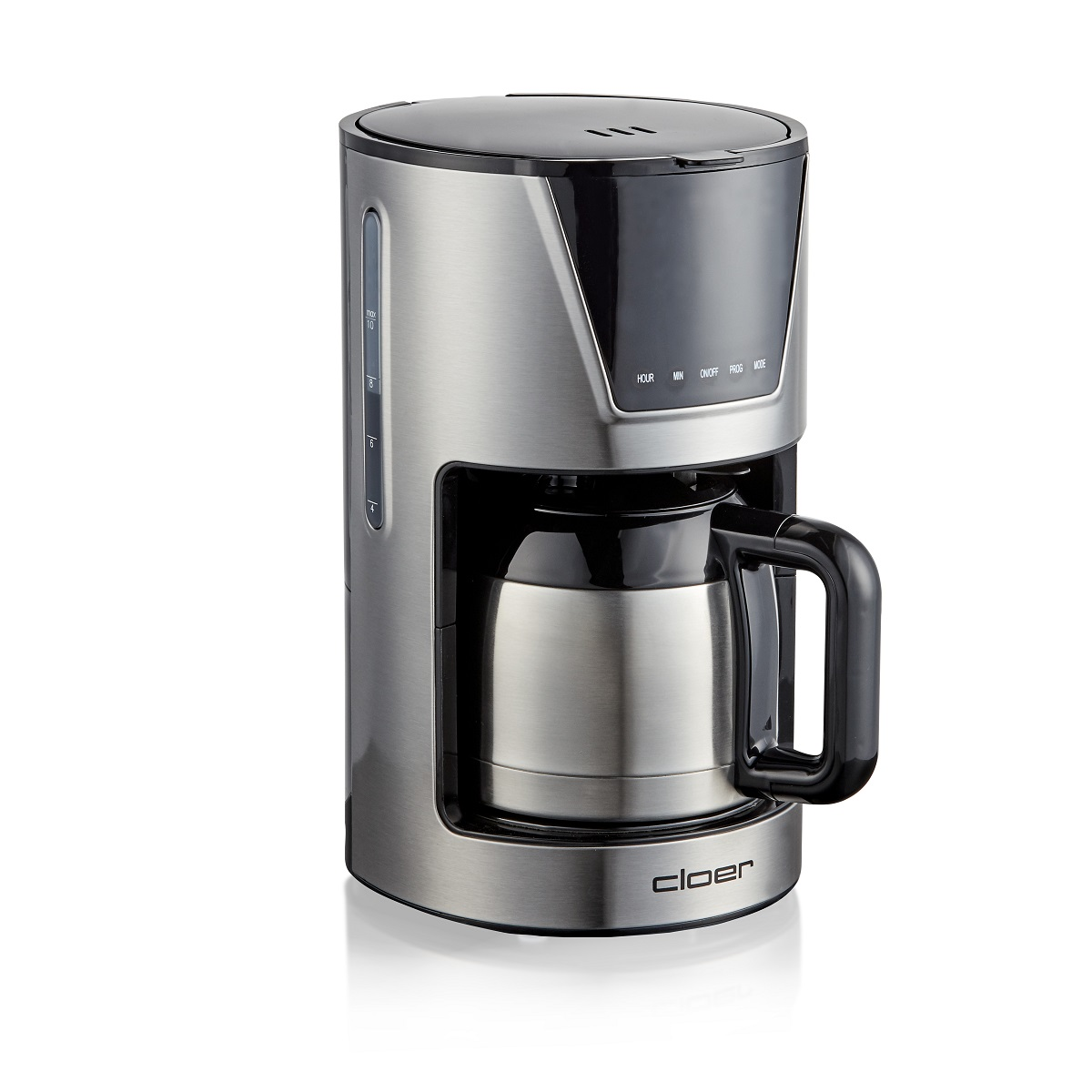 Srebrny ekspres do kawy z czarną pokrywą i dzbankiem.