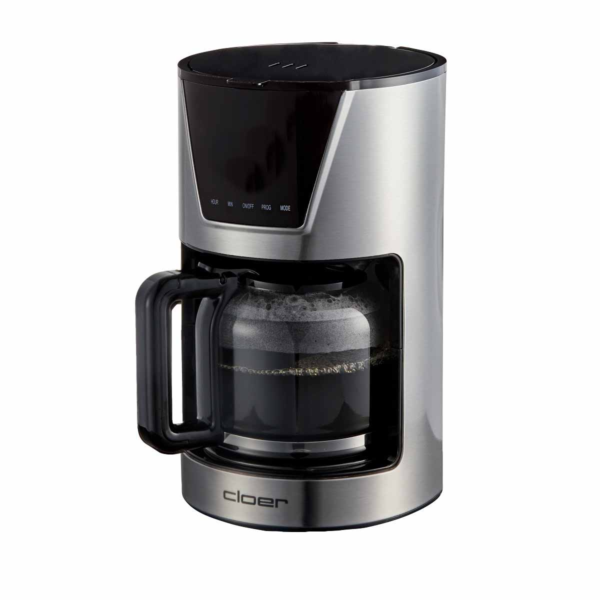 Srebrna ekspres do kawy ze szklanym dzbankiem pełnym kawy.