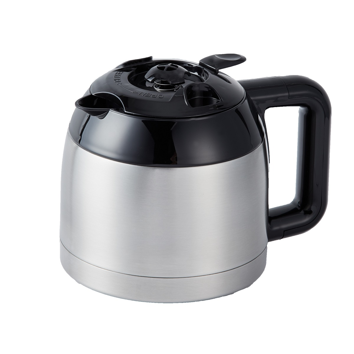 Srebrny dzbanek termiczny do kawy z czarną pokrywką i uchwytem.