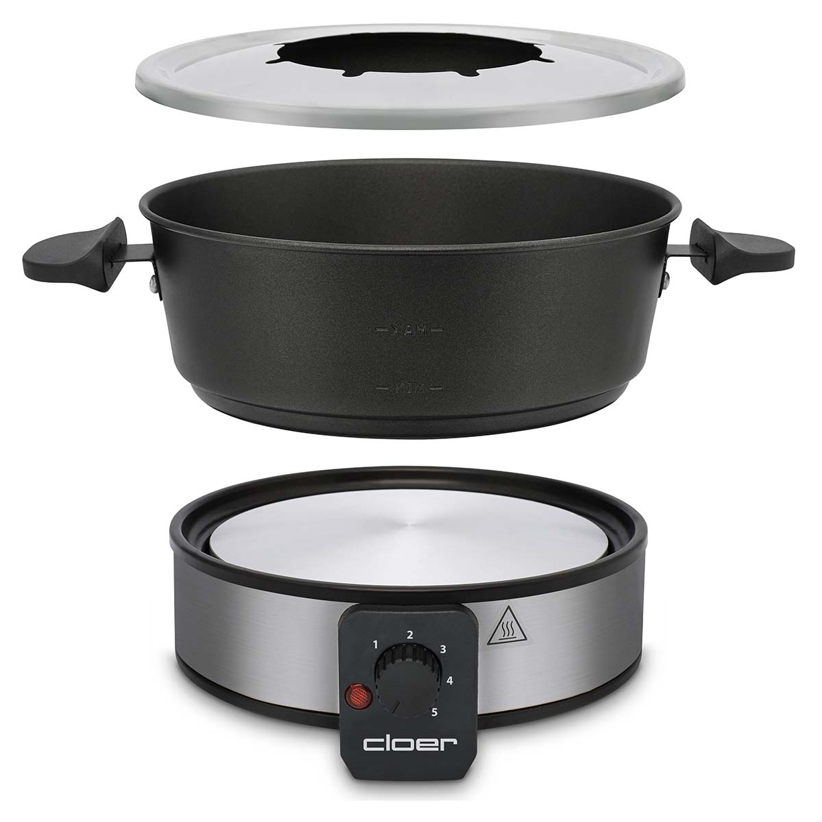 Zestaw do fondue z czarnym garnkiem, metalową podstawą i pokrywką.