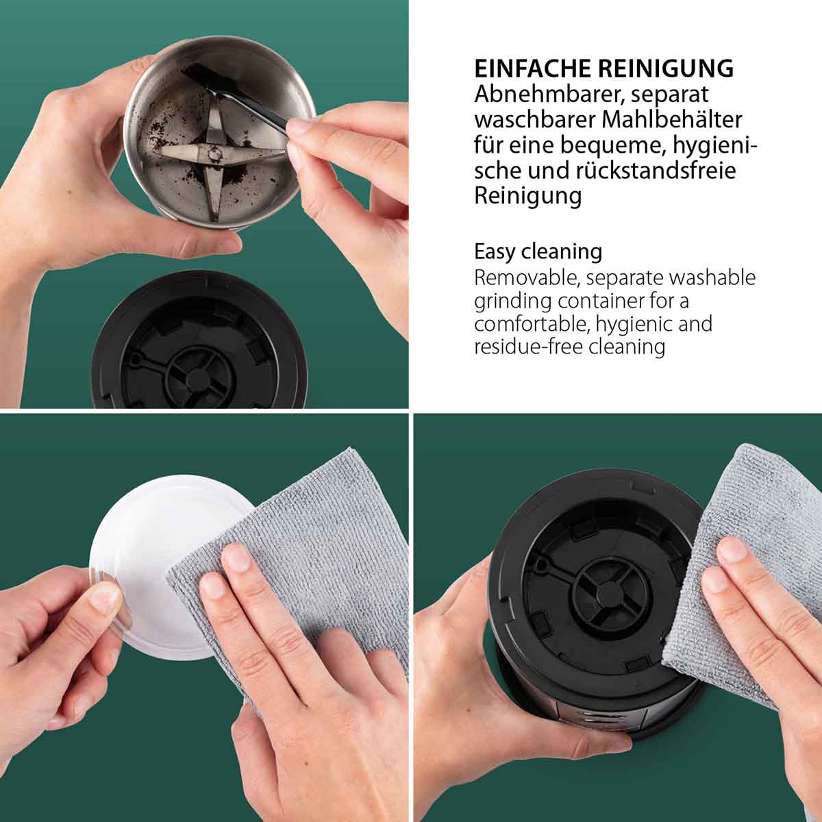 Czyszczenie zdejmowanego pojemnika młynka ściereczką.