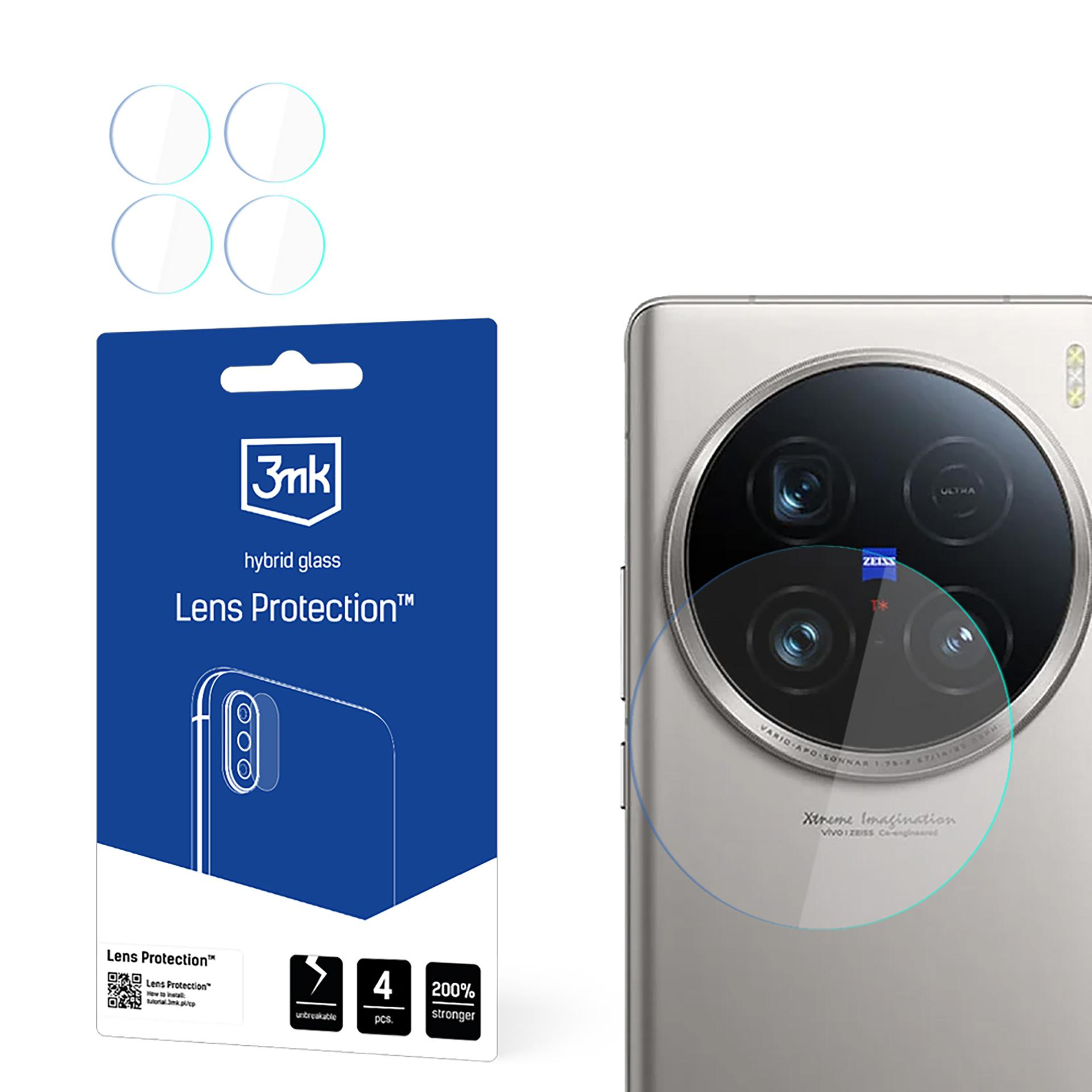 Confezione con quattro protezioni per obiettivi e retro di un telefono con quattro fotocamere.