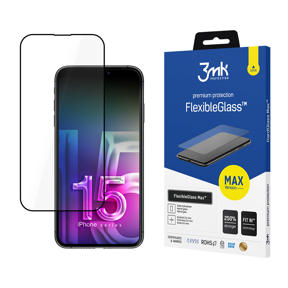 Una protezione per lo schermo dell'iPhone 15 e la sua confezione.