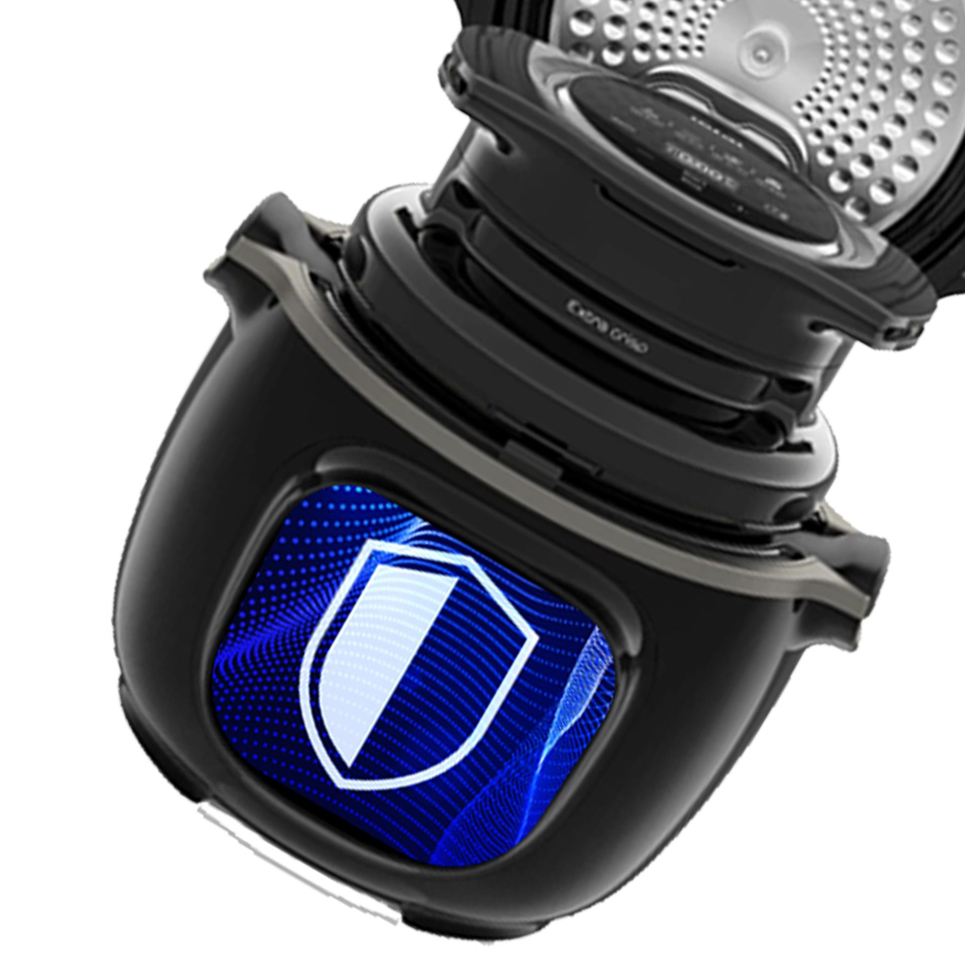 Czarne urządzenie z niebieską ikoną tarczy na ekranie.