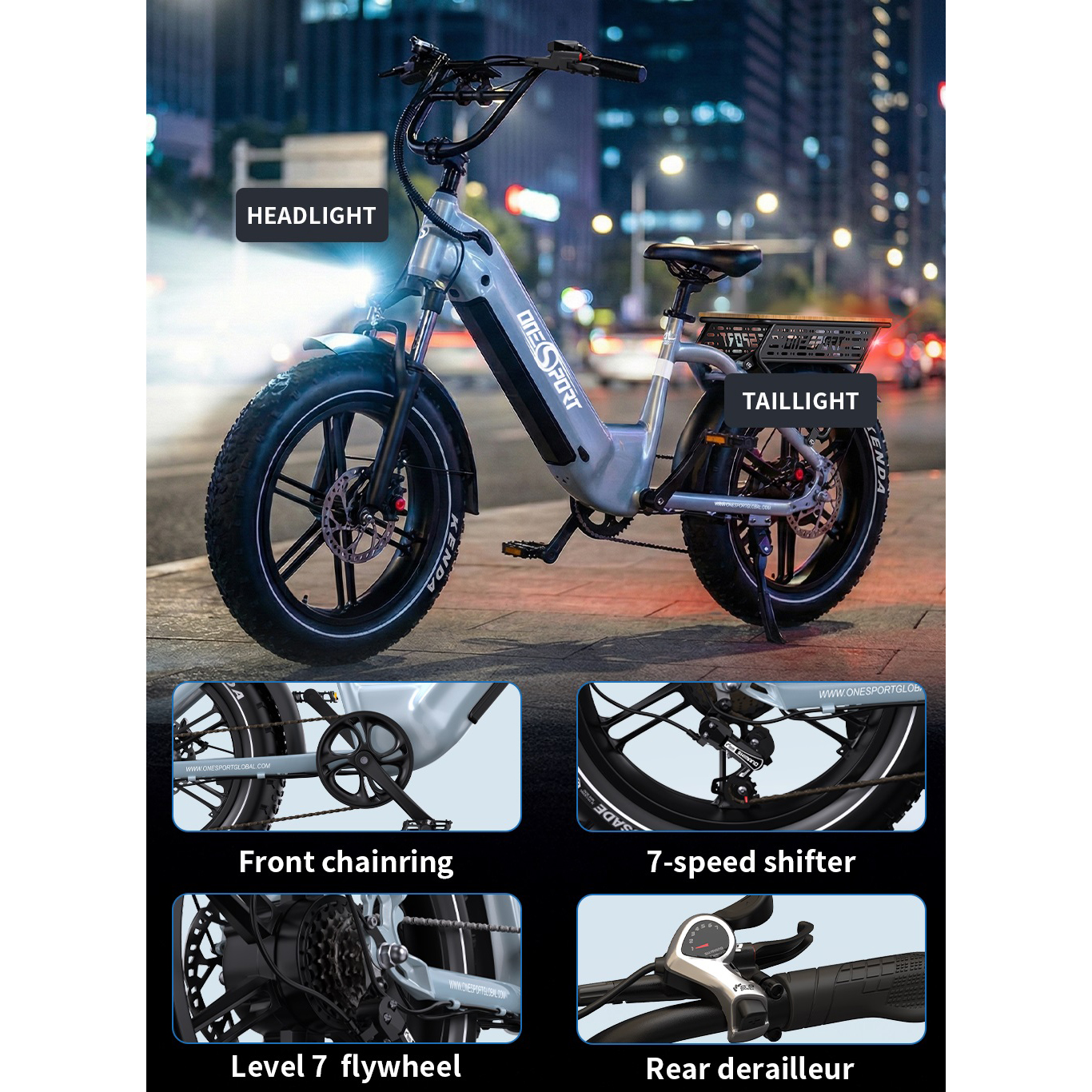 Szary rower elektryczny z koszem w mieście nocą, ze zbliżeniami.