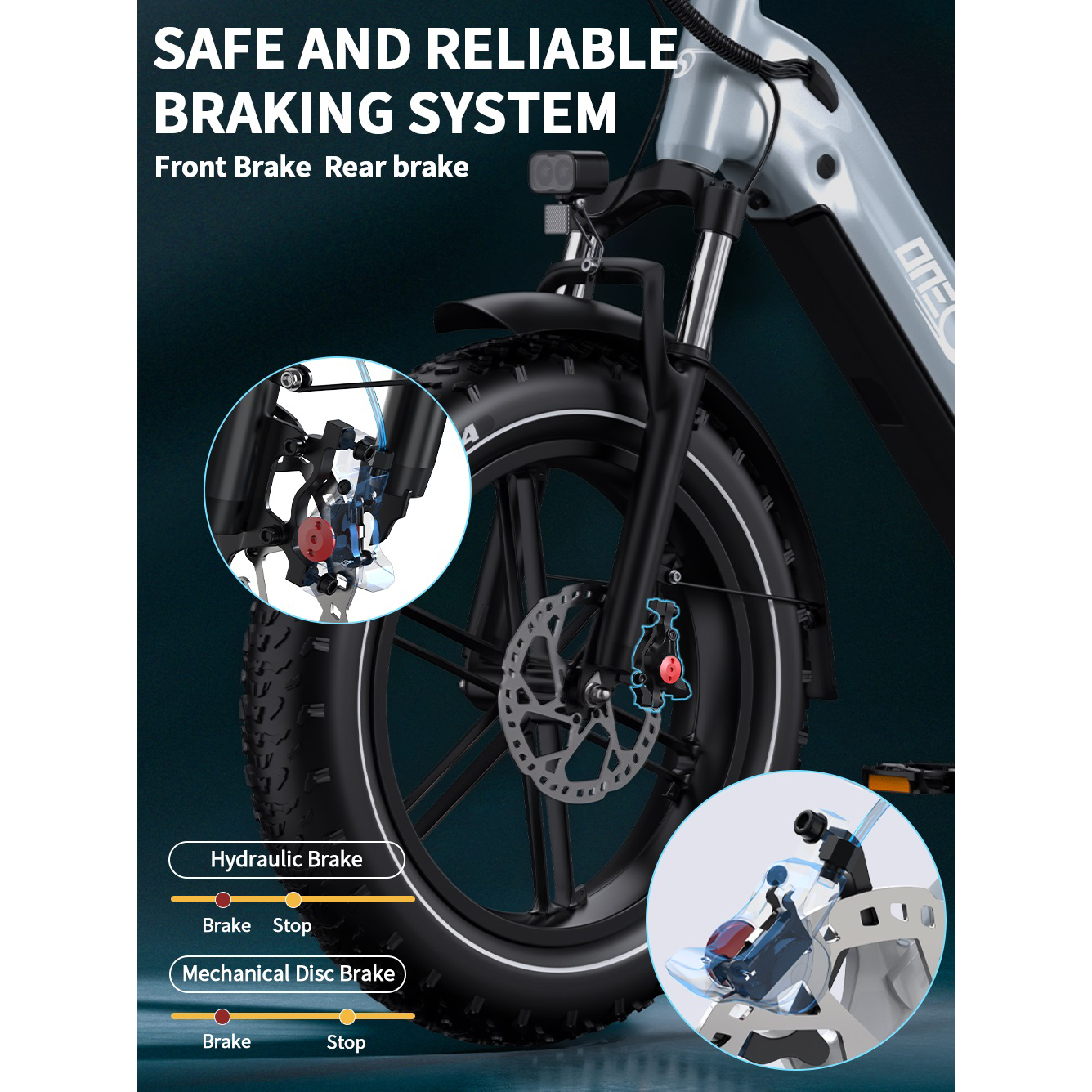 Zbliżenie roweru skupiające się na systemie hamulcowym, z hydraulicznymi i mechanicznymi hamulcami tarczowymi.