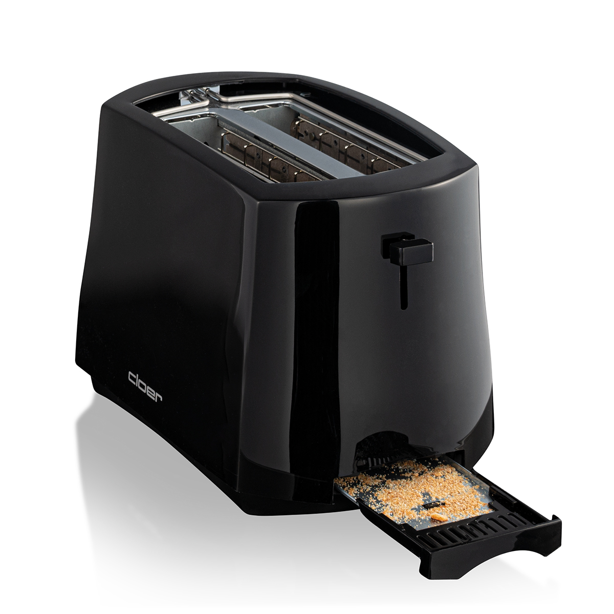 Ein schwarzer Toaster mit herausgezogener Krümelschublade, gefüllt mit Krümeln.