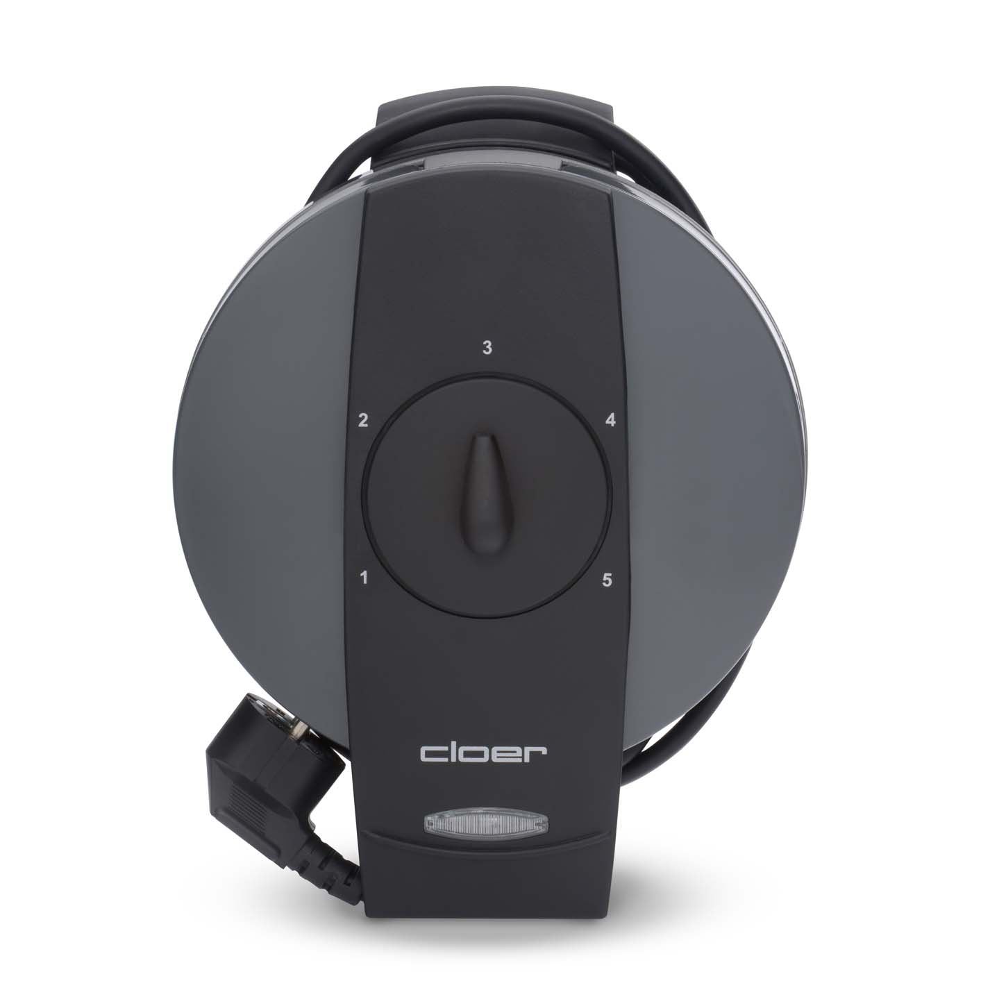 Szara i czarna gofrownica z pokrętłem i kablem.