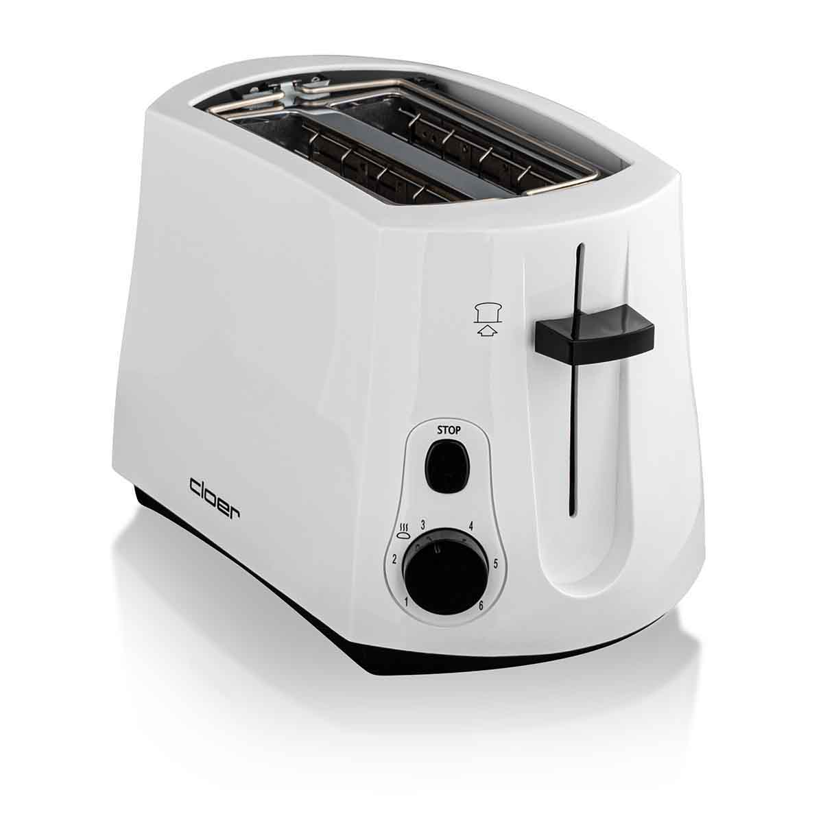 Ein weißer Zweischlitz-Toaster mit schwarzem Hebel und Drehknopf.