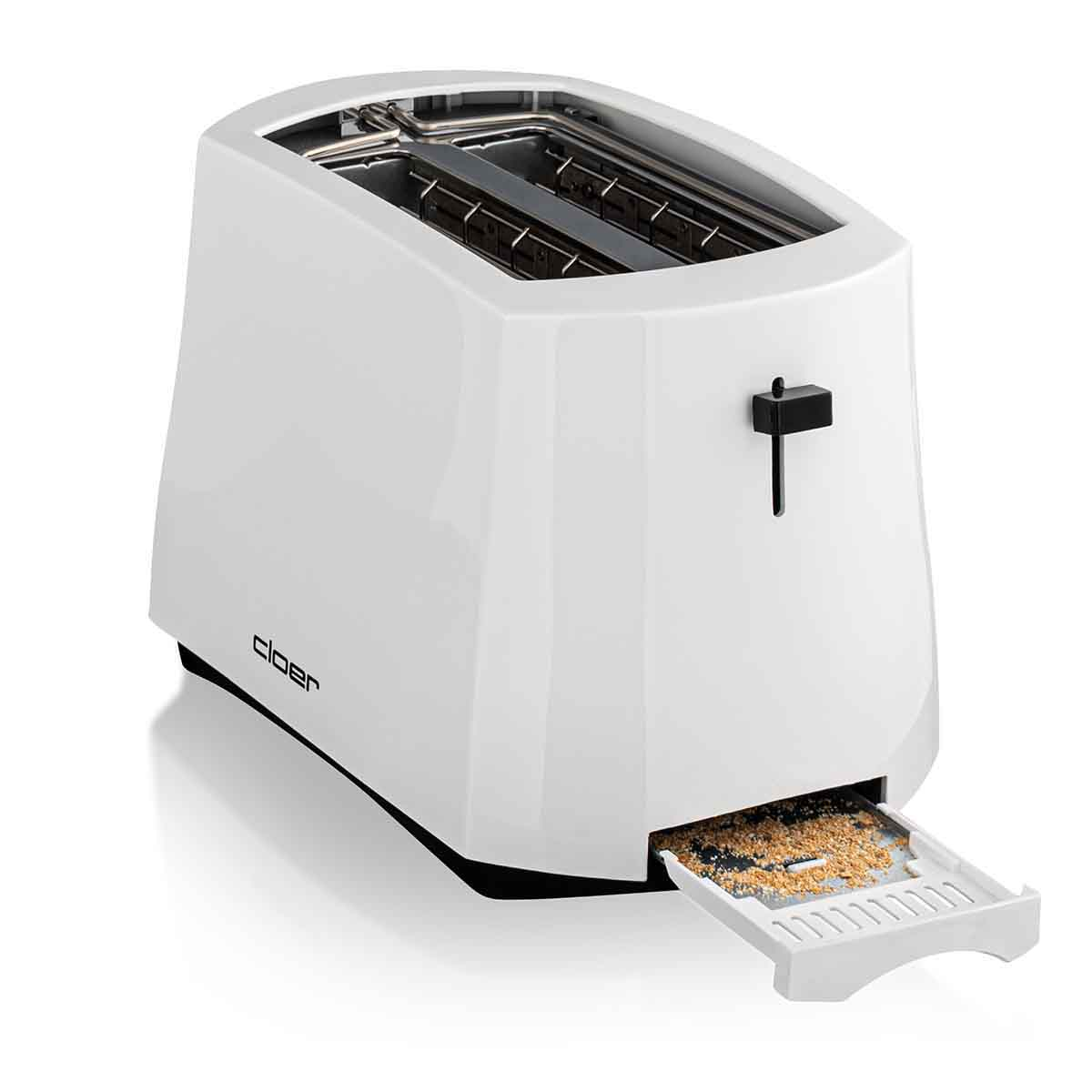 Ein weißer Toaster mit ausziehbarem Krümelfach und Brötchenaufsatz.