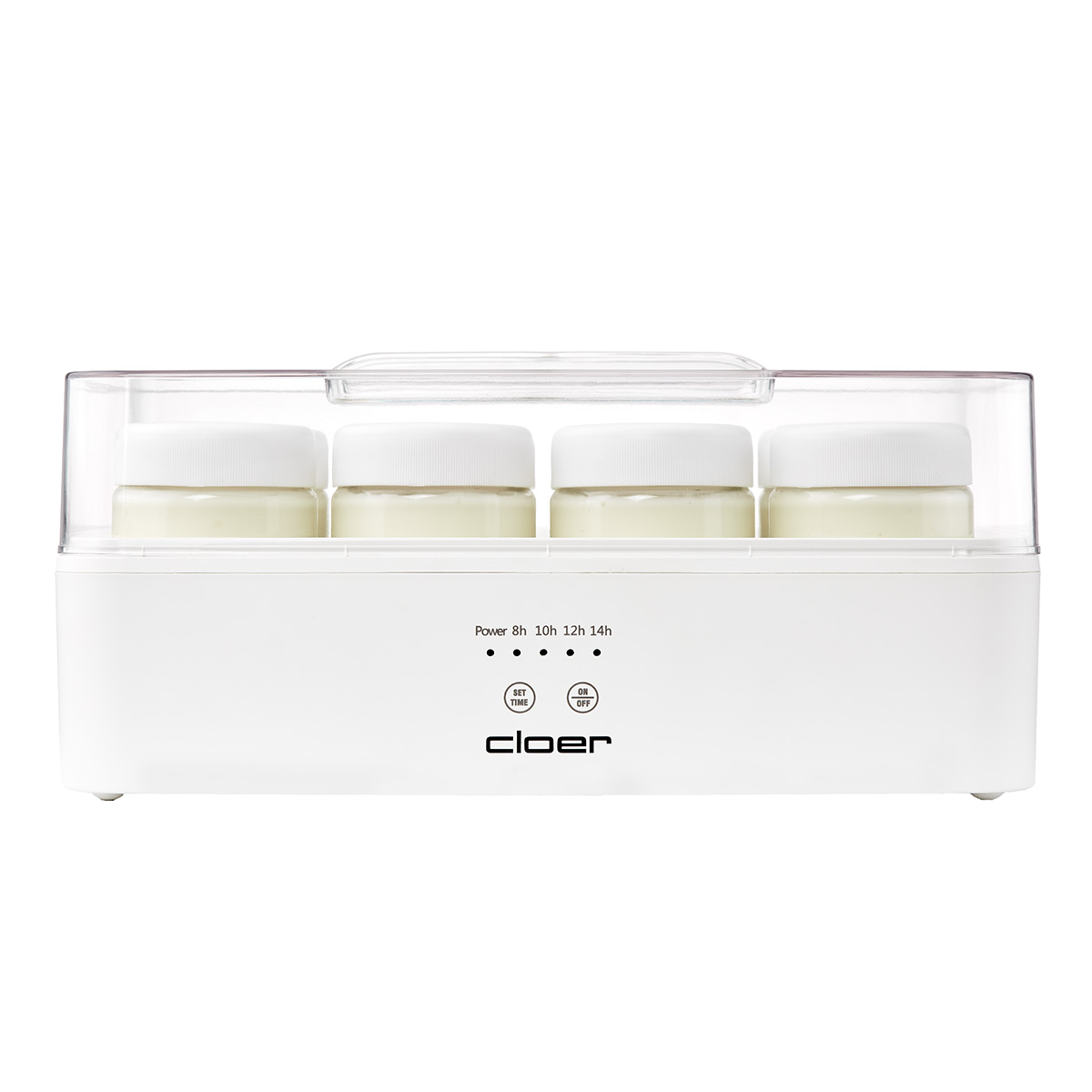 Ein weißer Joghurtbereiter mit vier Gläsern mit Joghurt unter einer durchsichtigen Abdeckung.