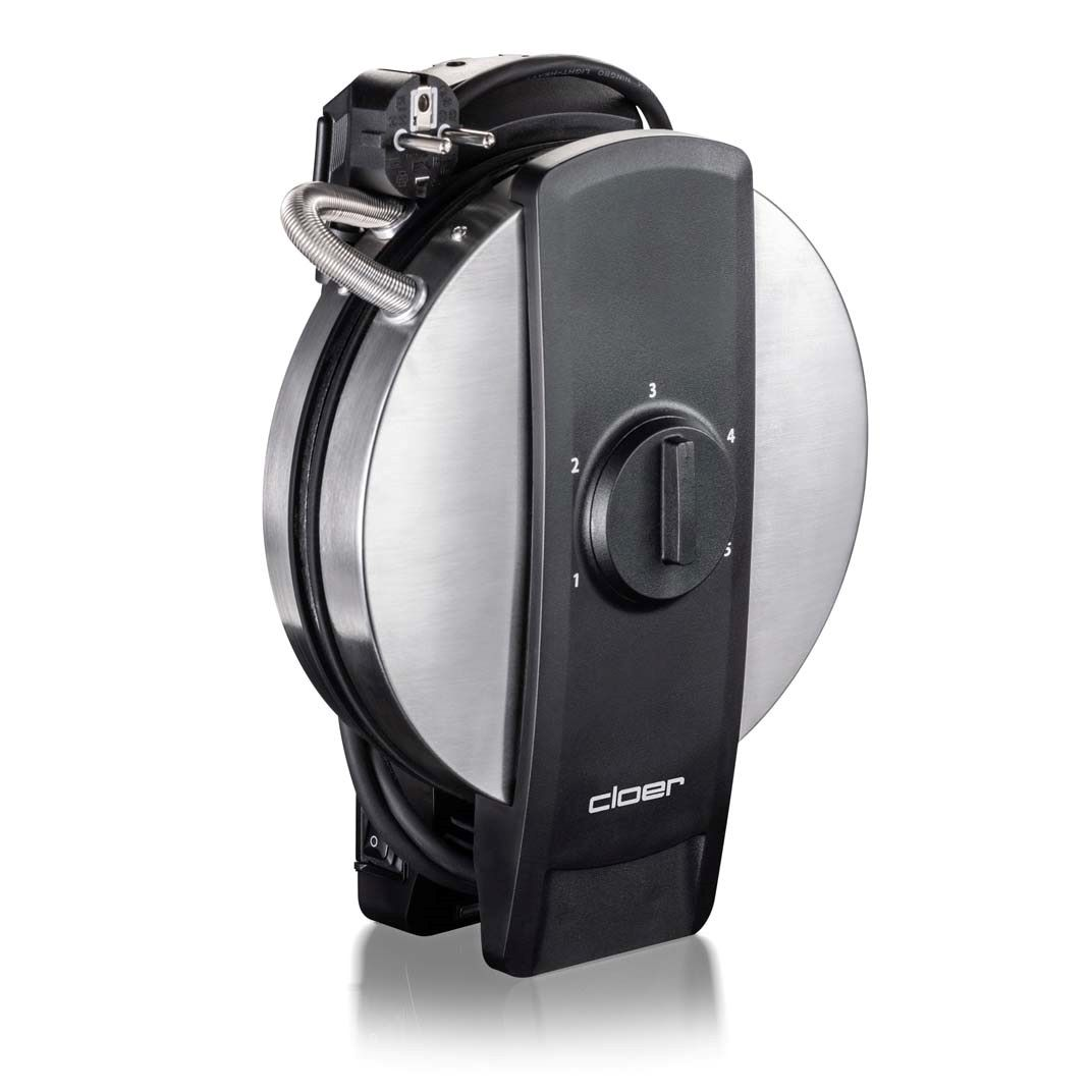 Zamknięta, czarno-srebrna gofrownica z pokrętłem temperatury.