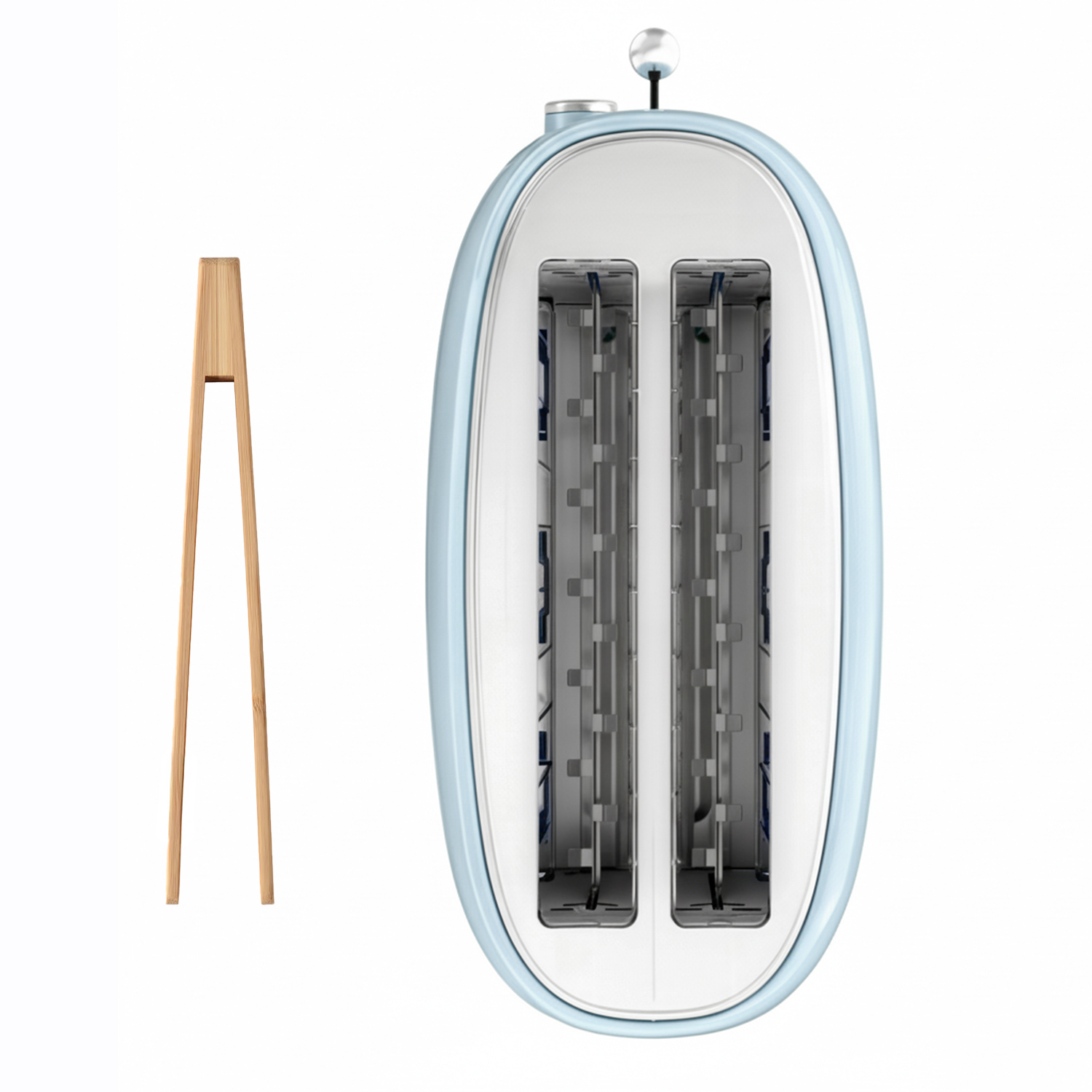 Un tostapane azzurro con due fessure e una clip di legno accanto.