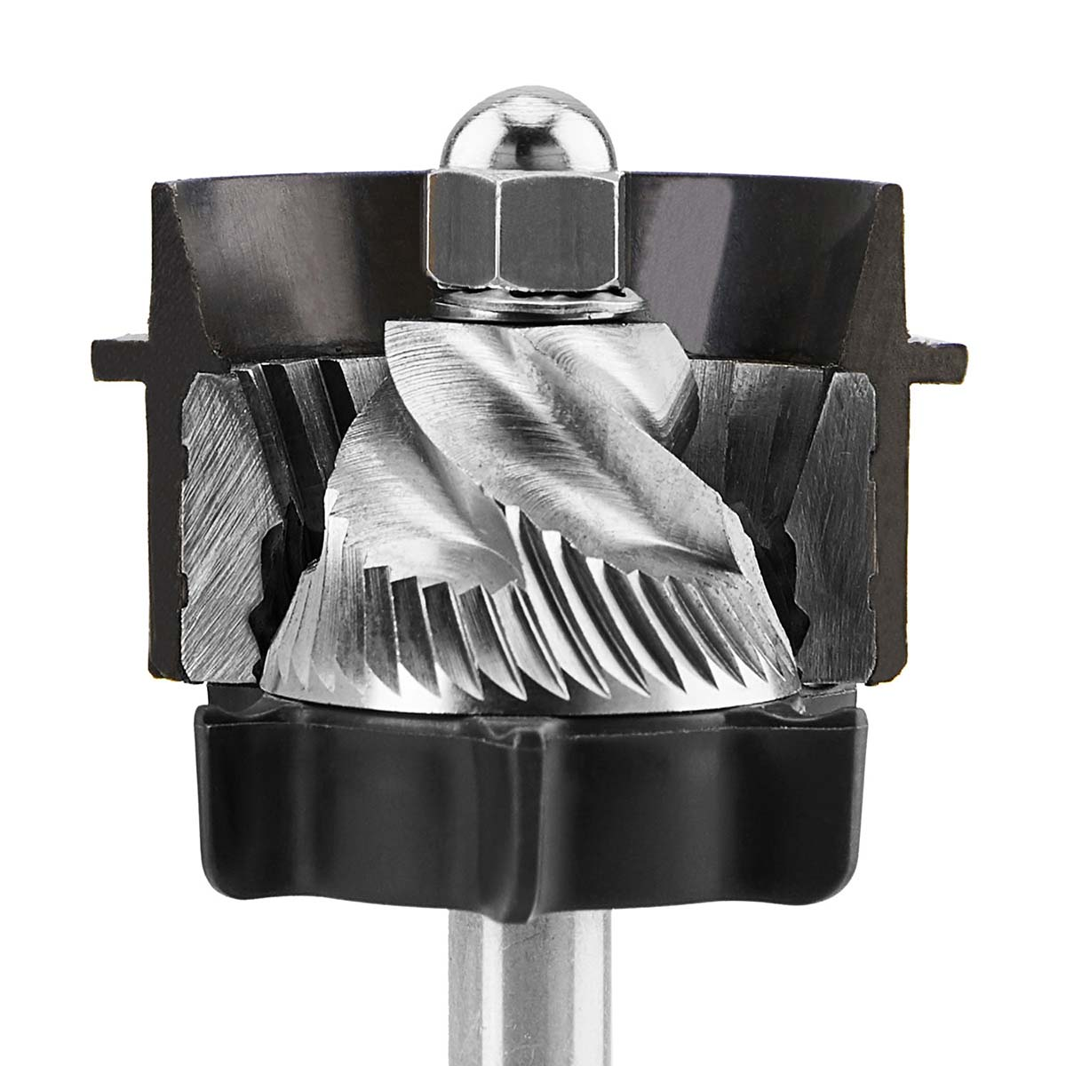 Nahaufnahme eines Mühlenmahlwerks mit Metallkegel und schwarzen Kunststoffteilen.