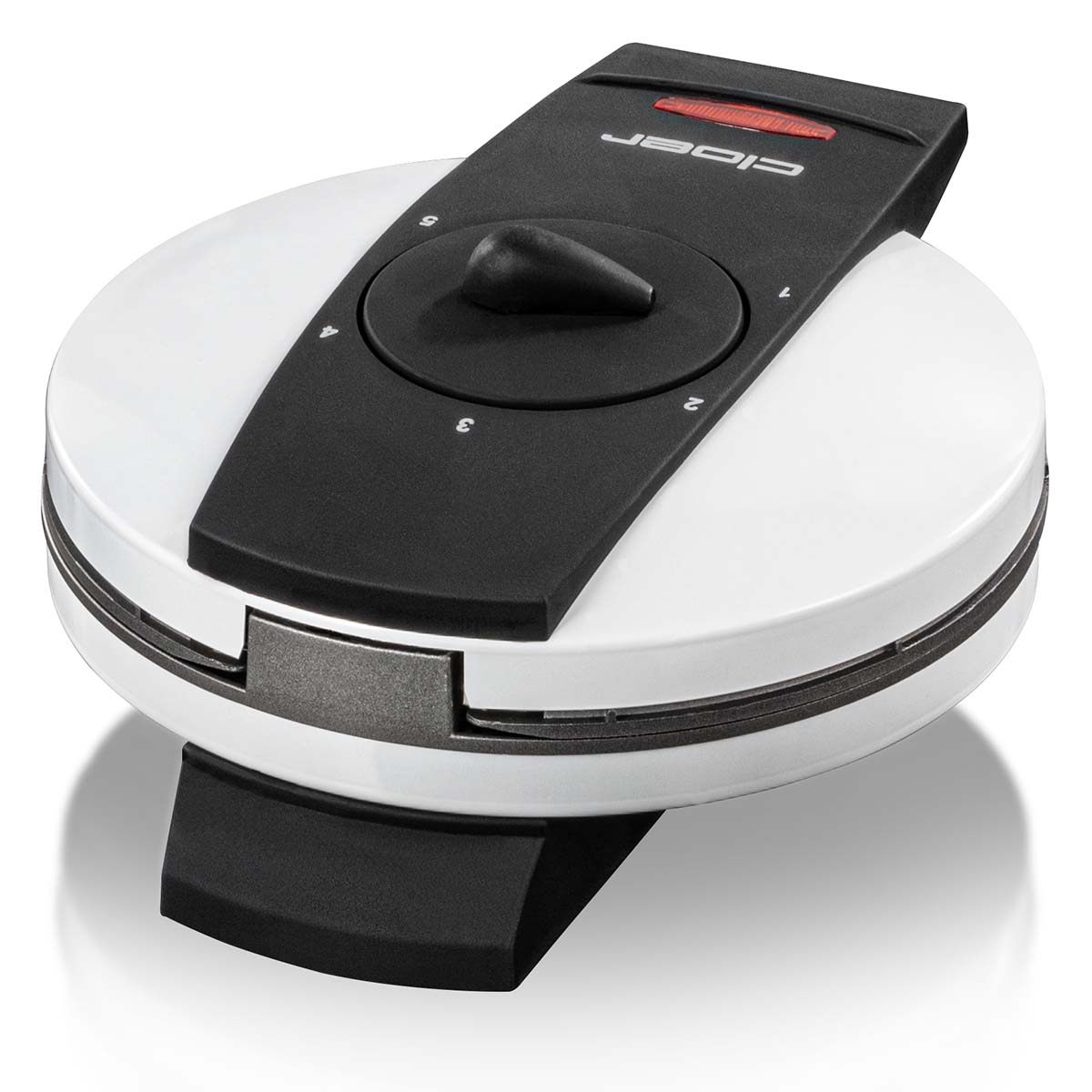 Biała i czarna gofrownica z czerwonym światłem kontrolnym.