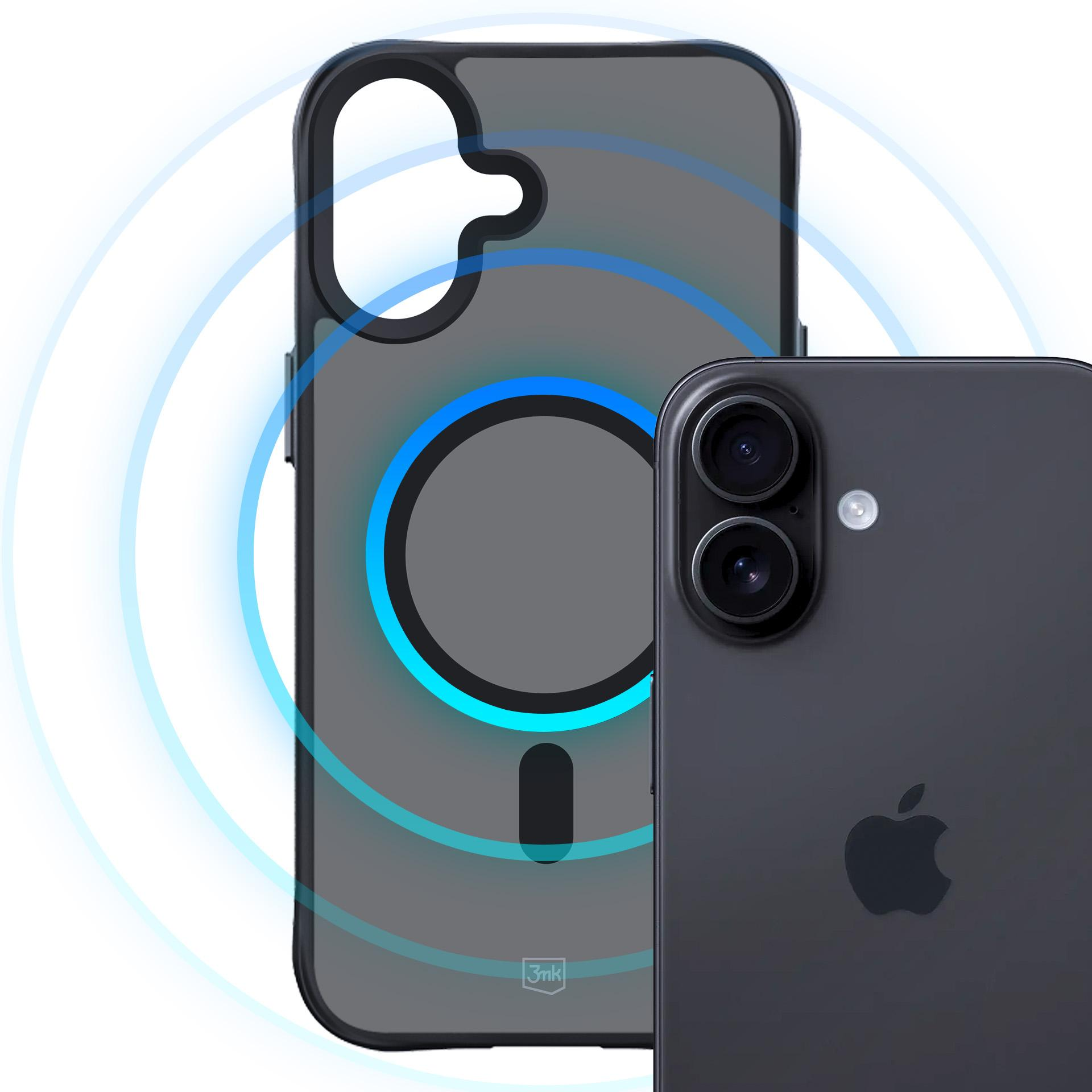 Czarny iPhone z modułem kamery i etui z niebieskimi pierścieniami.