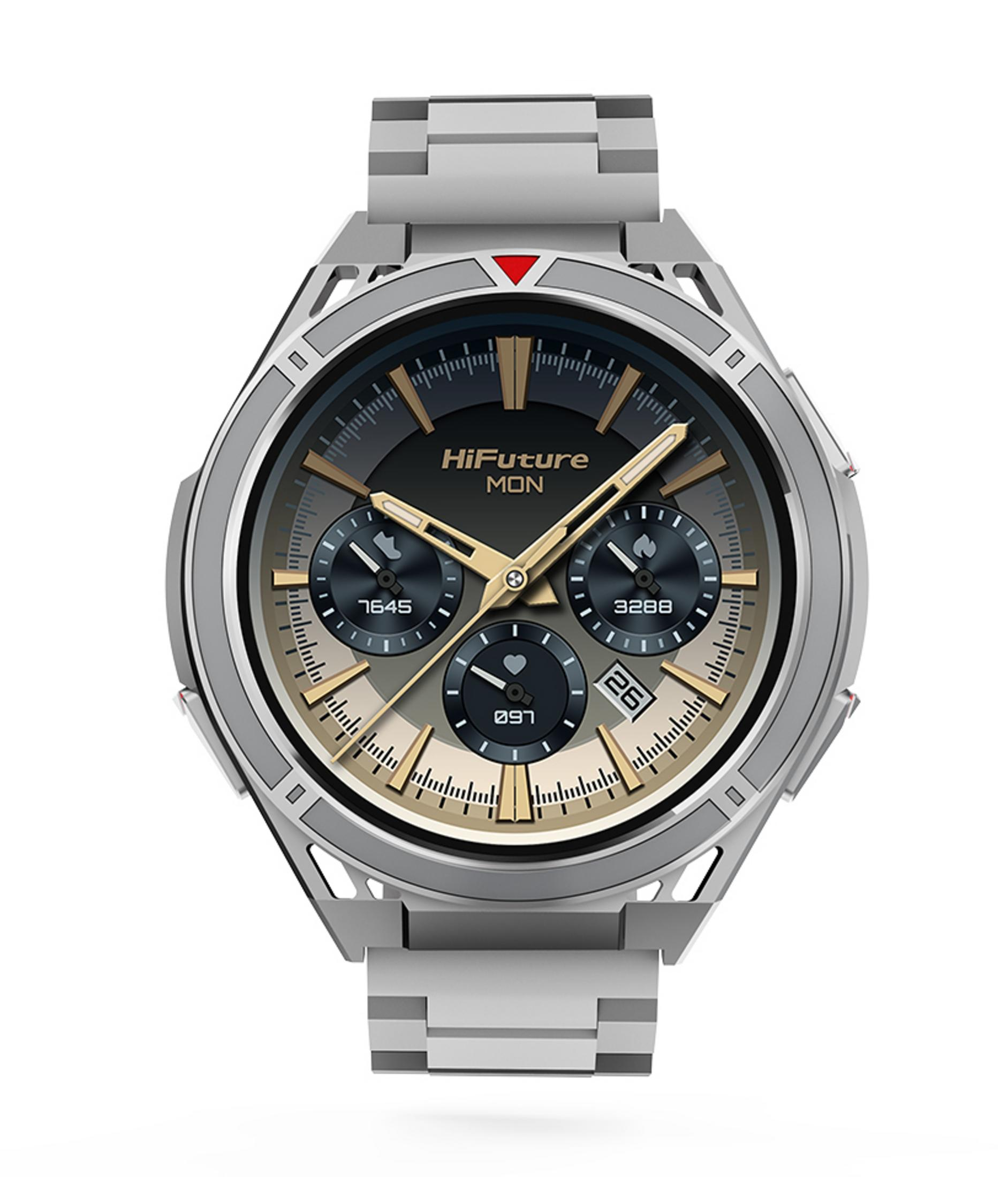 Smartwatch argentato con quadrante blu, lancette dorate e tre sotto-quadranti.