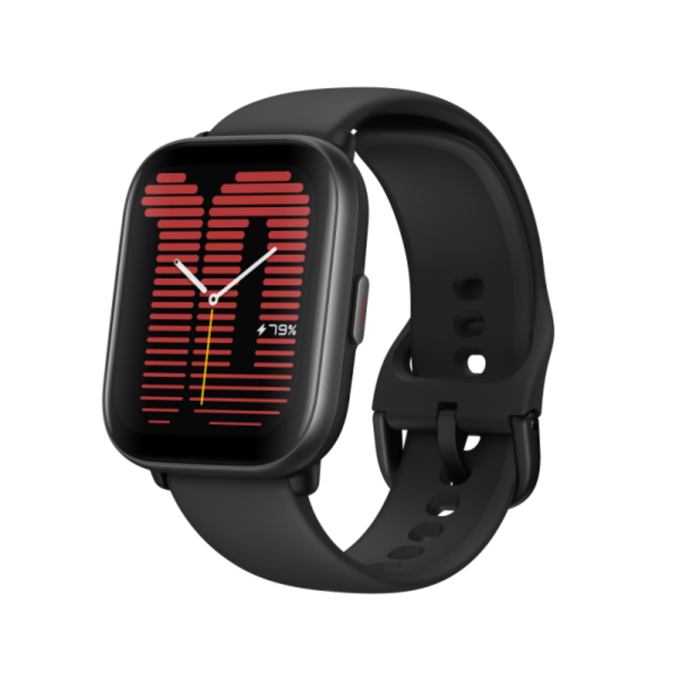 Smartwatch nero con display digitale rosso che mostra il 79%.