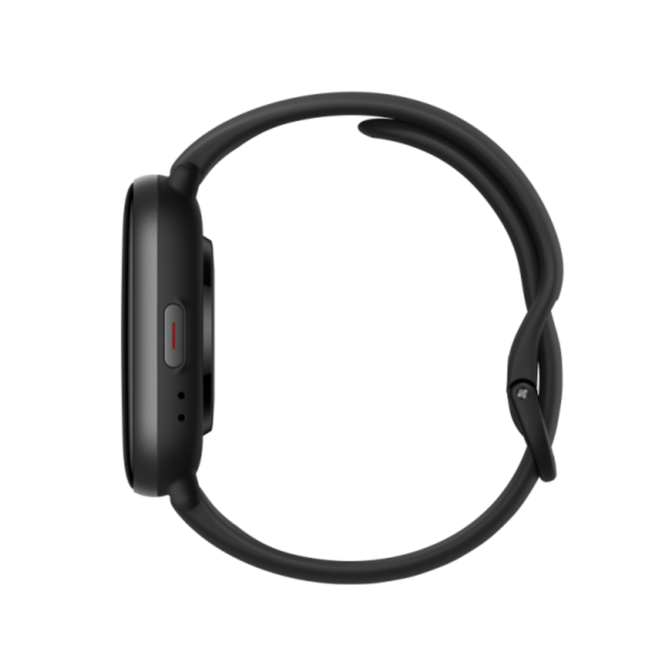 Smartwatch nero con pulsante rosso, isolato su sfondo bianco.