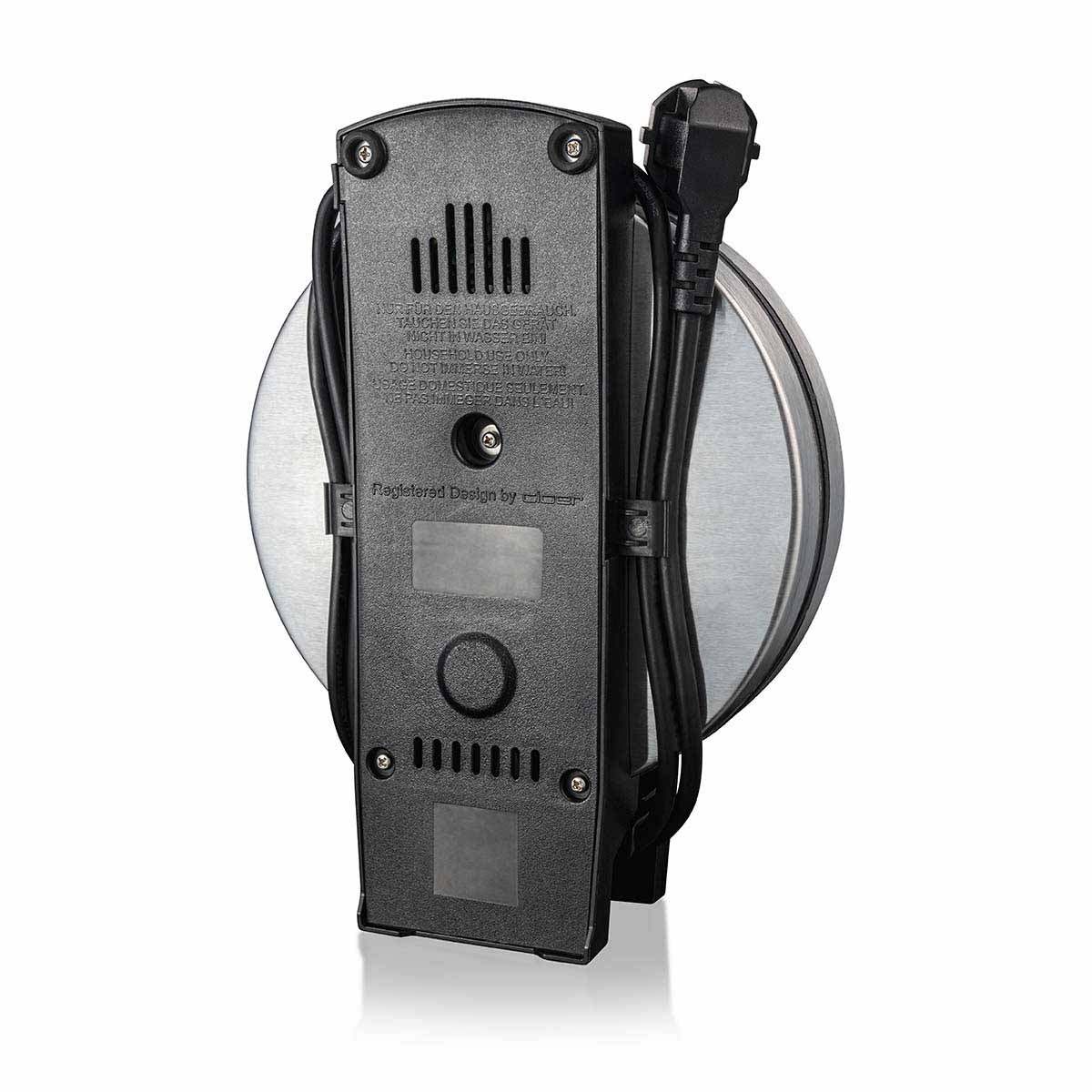 Spód urządzenia z kablem i wtyczką, pokazujący ostrzeżenia.