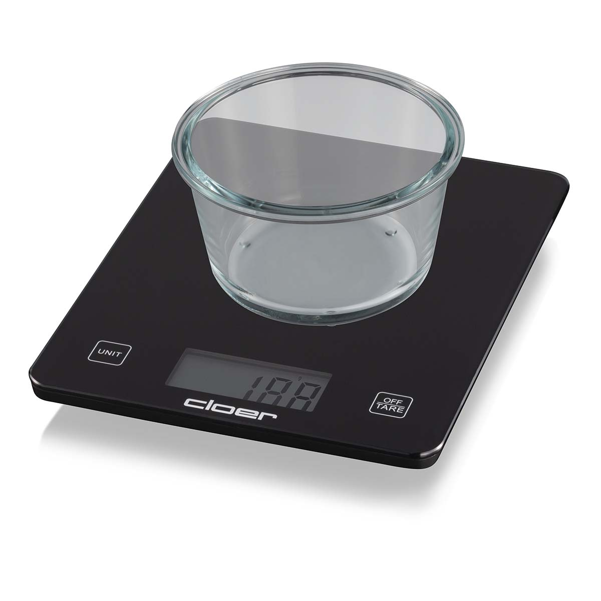 Schwarze Küchenwaage mit Glasbehälter, LCD-Anzeige zeigt 188g.