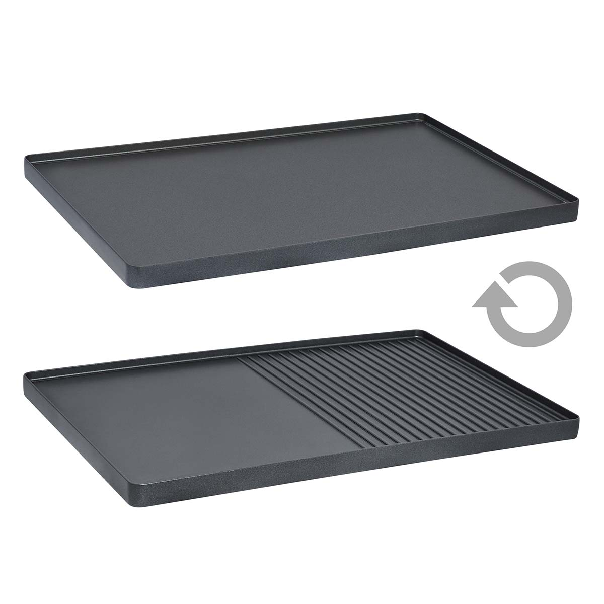 Dwie płyty grillowe: jedna gładka, druga żebrowana, ze strzałką.