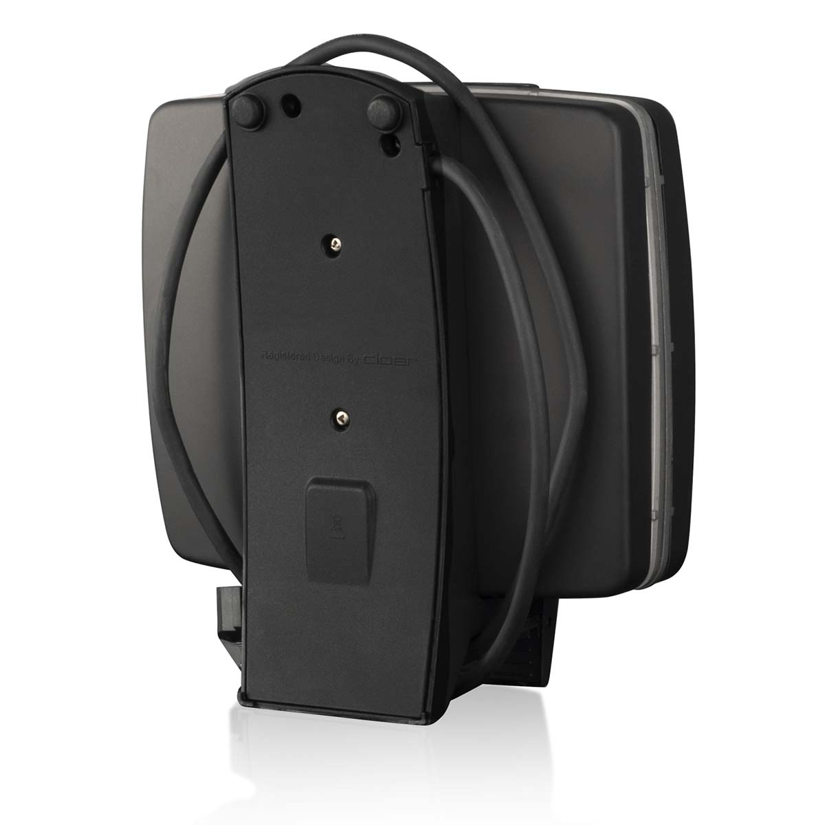 Schwarzer Toaster von hinten mit Kabelwickelmöglichkeit und Registrierungsdesign-Aufdruck.