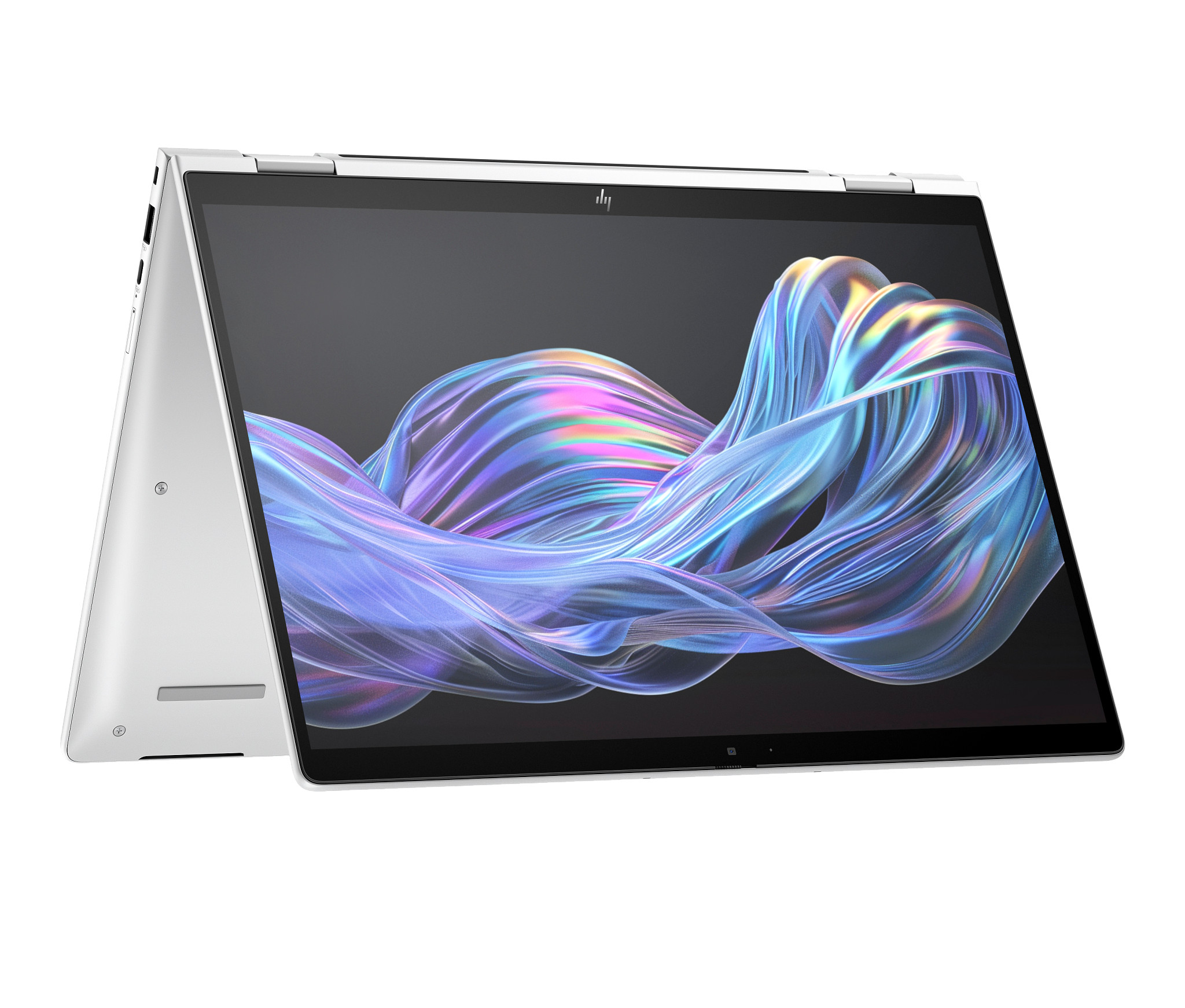 Ein silberner Laptop im Zeltmodus mit einem bunten, fließenden Muster auf dem Bildschirm.