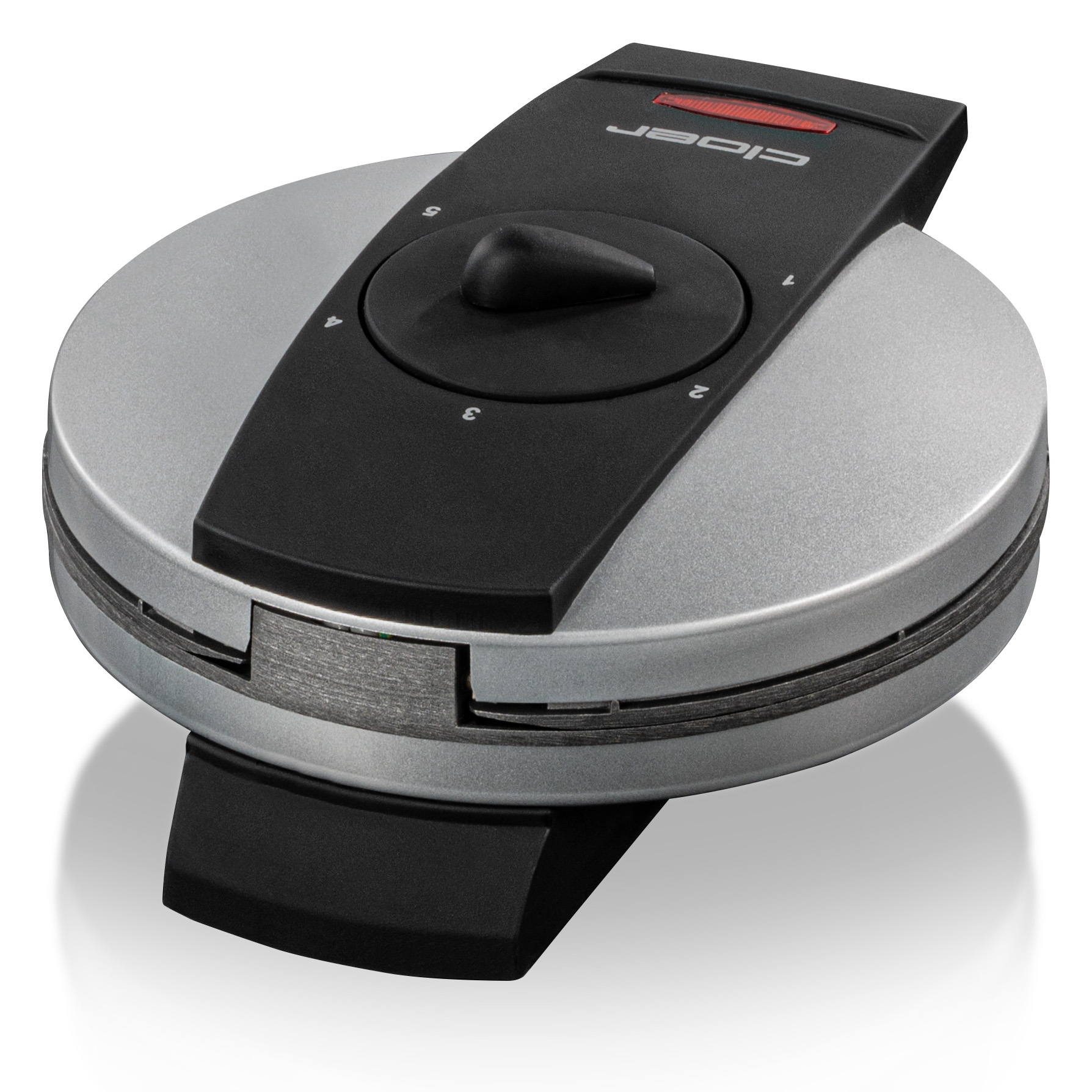 Srebrno-czarna gofrownica z pokrętłem i czerwoną diodą.