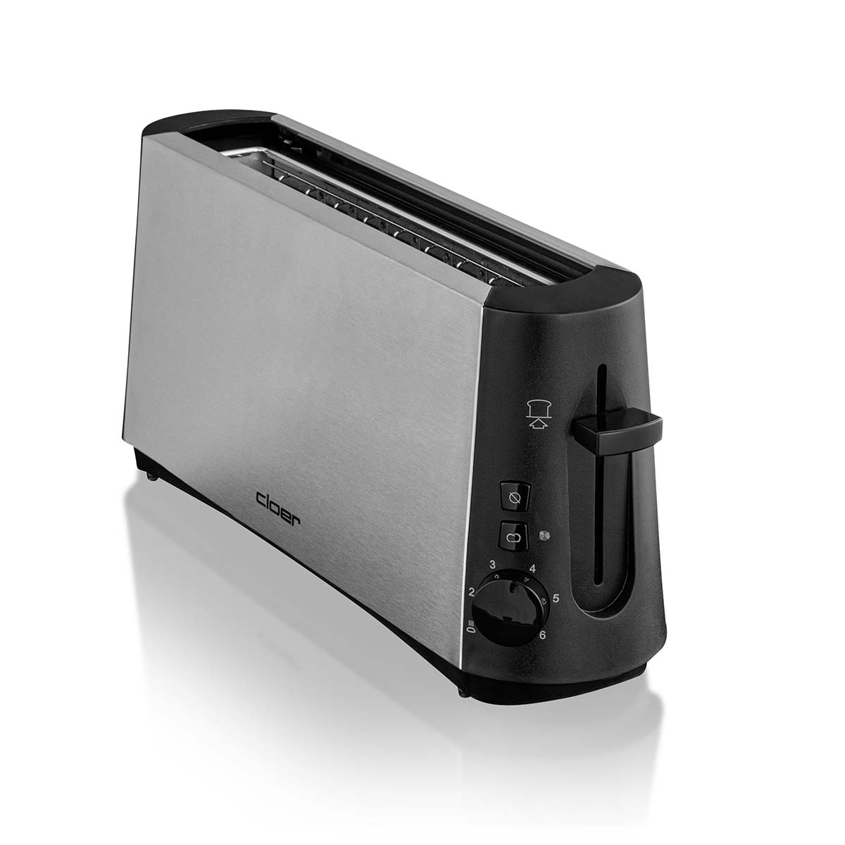 Edelstahl-Toaster mit schwarzer Bedieneinheit und Brötchenaufsatz.
