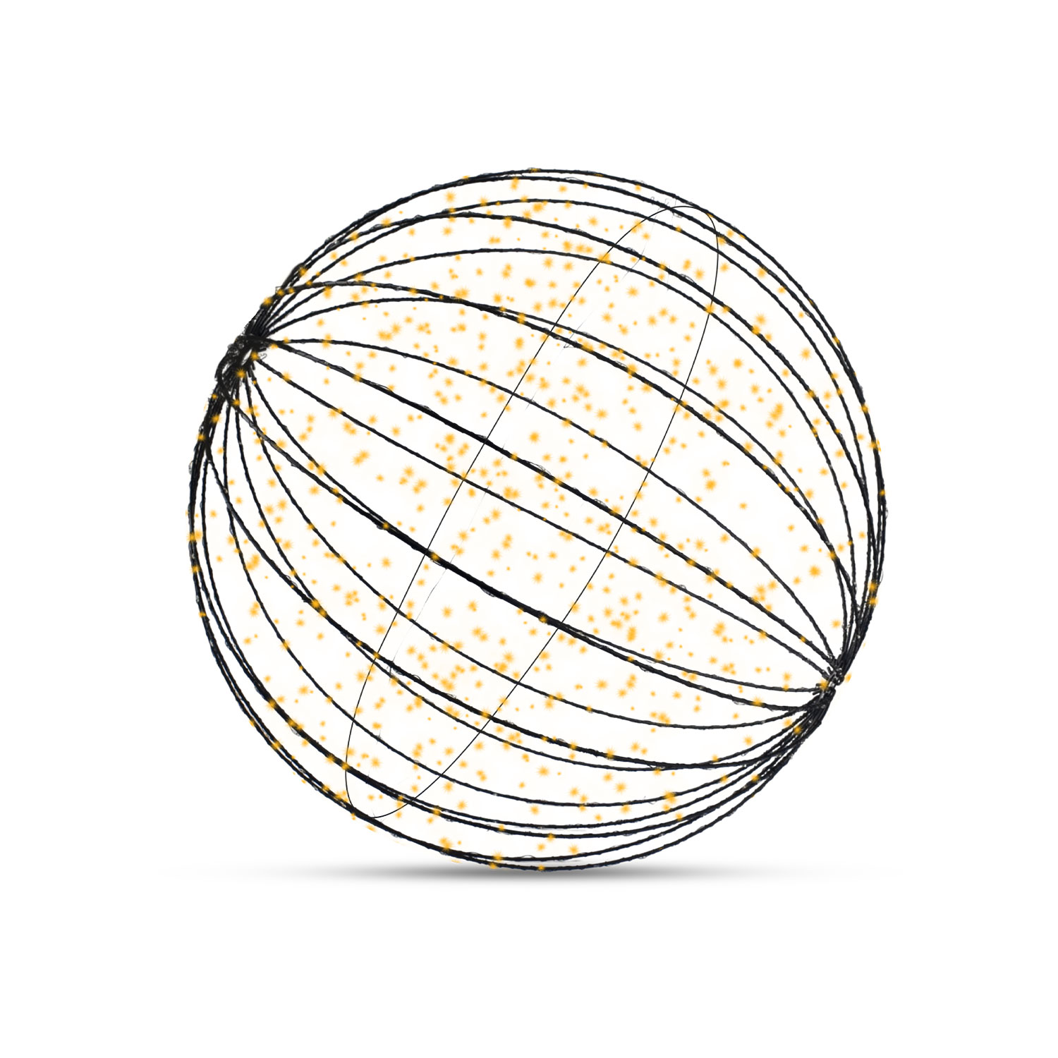 Abstracte bol met zwarte lijnen en gele sterren op witte achtergrond.