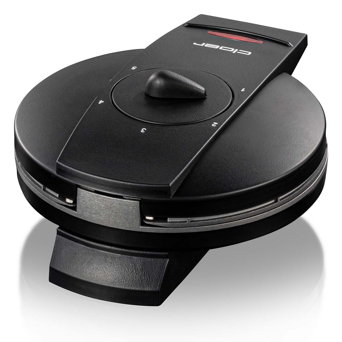 Czarna gofrownica z czerwoną lampką kontrolną i pokrętłem.