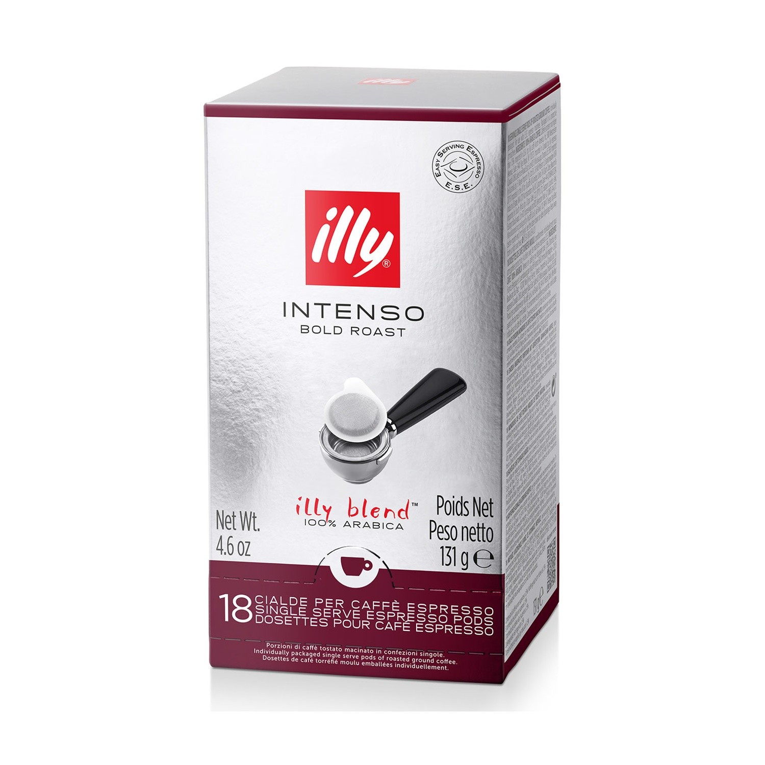Una scatola di cialde espresso Illy Intenso Bold Roast, con 18 porzioni singole.