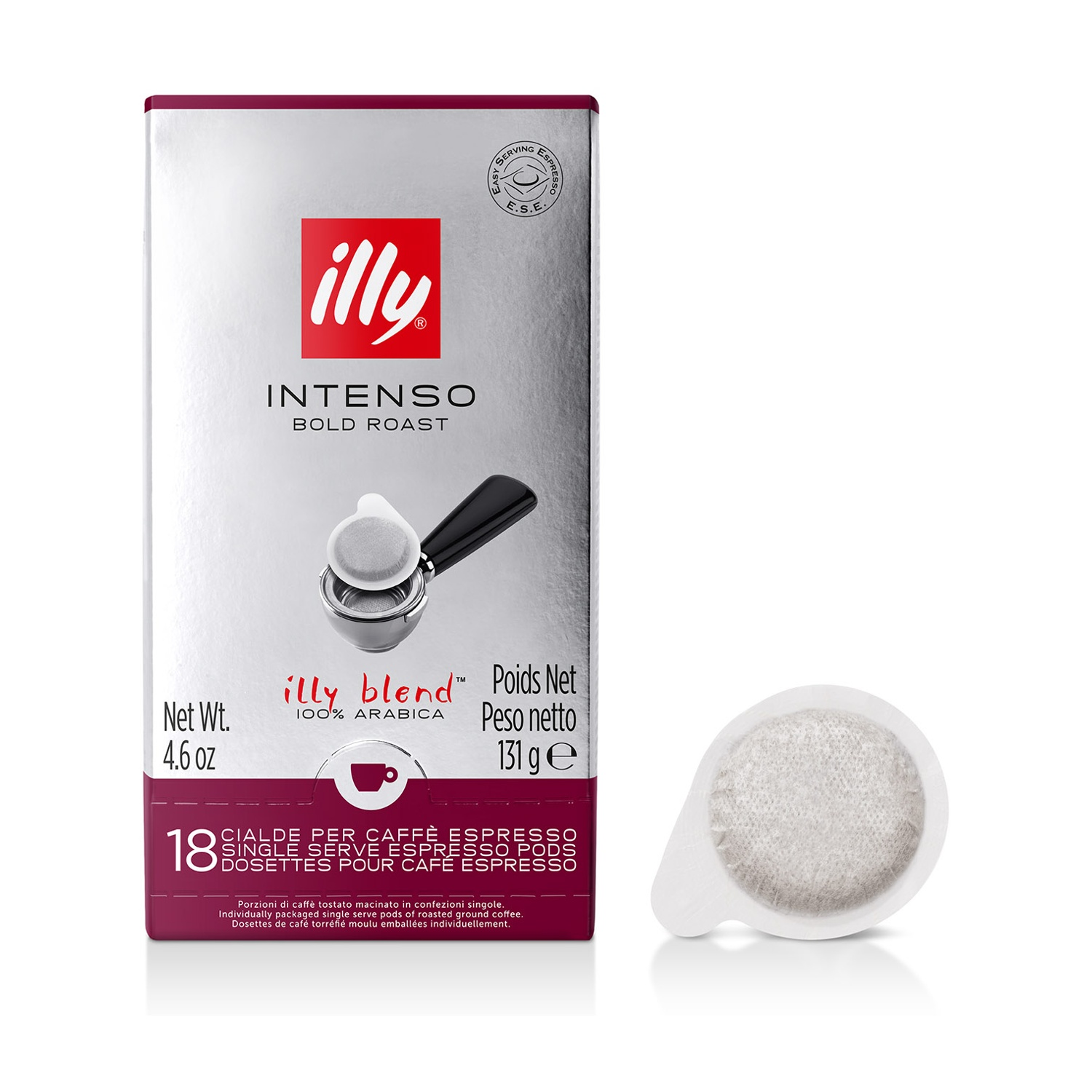 Confezione caffè Illy Intenso, 18 cialde, con una cialda singola.