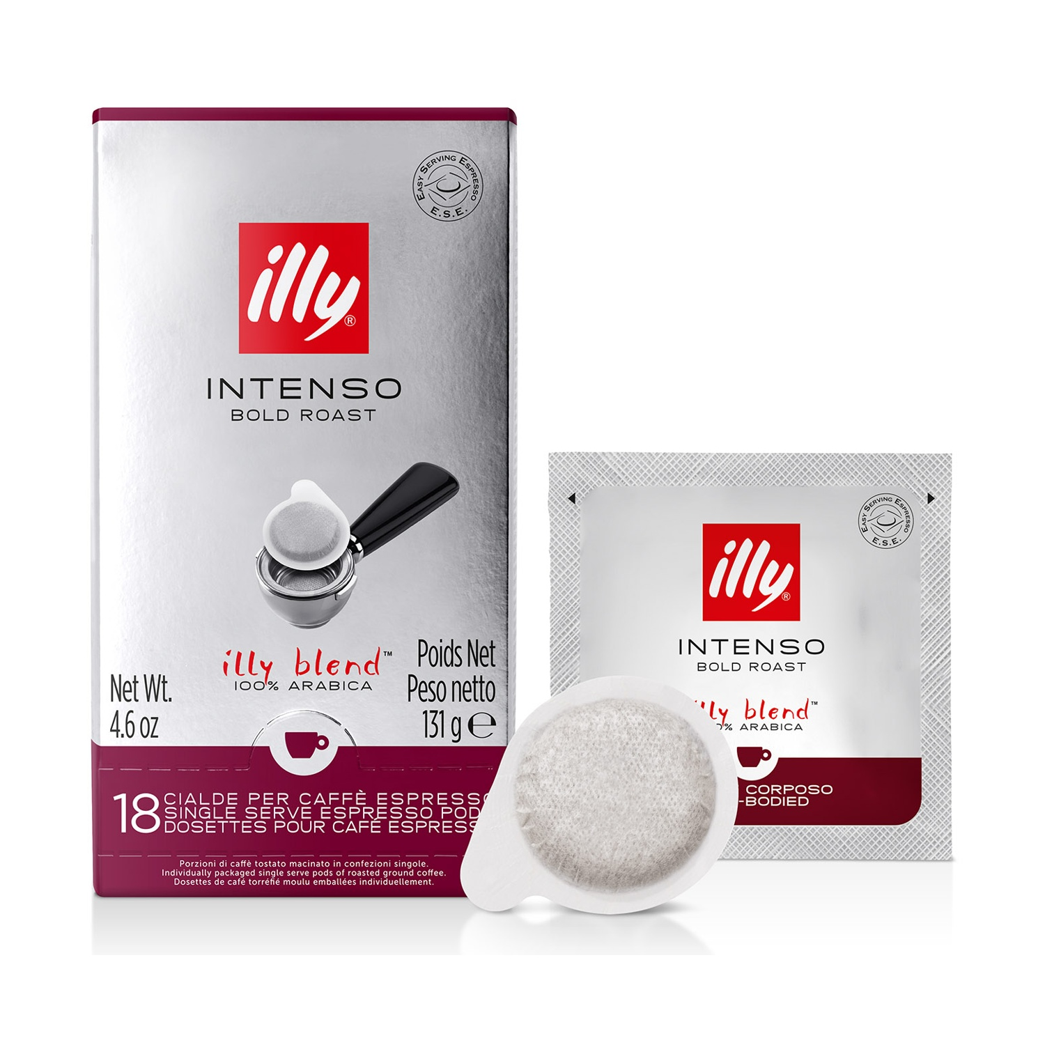 Cialde caffè Illy Intenso Bold Roast: una scatola da 18 e una singola cialda.