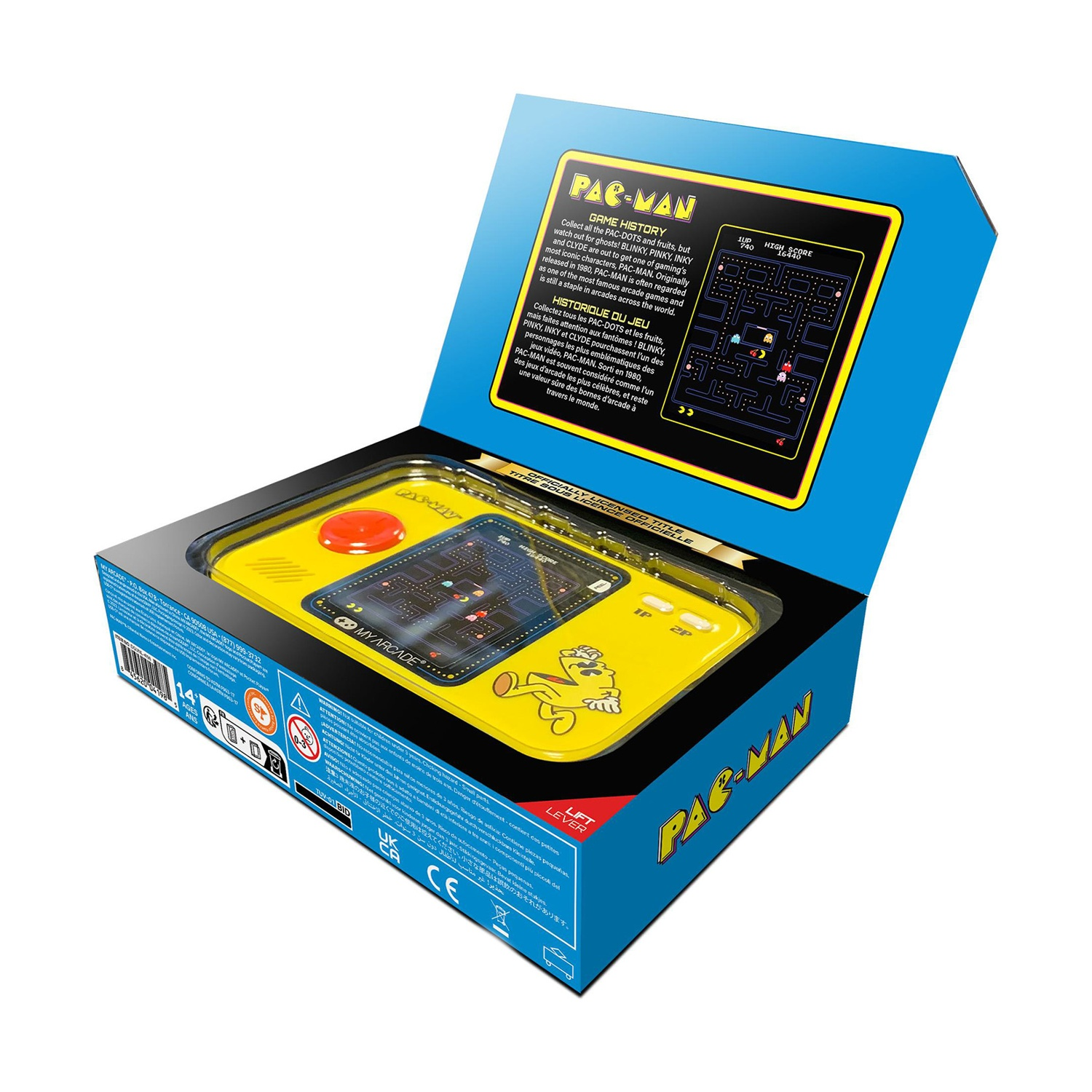 Consola de juego portátil amarilla de Pac-Man en caja abierta, mostrando pantalla y personajes.
