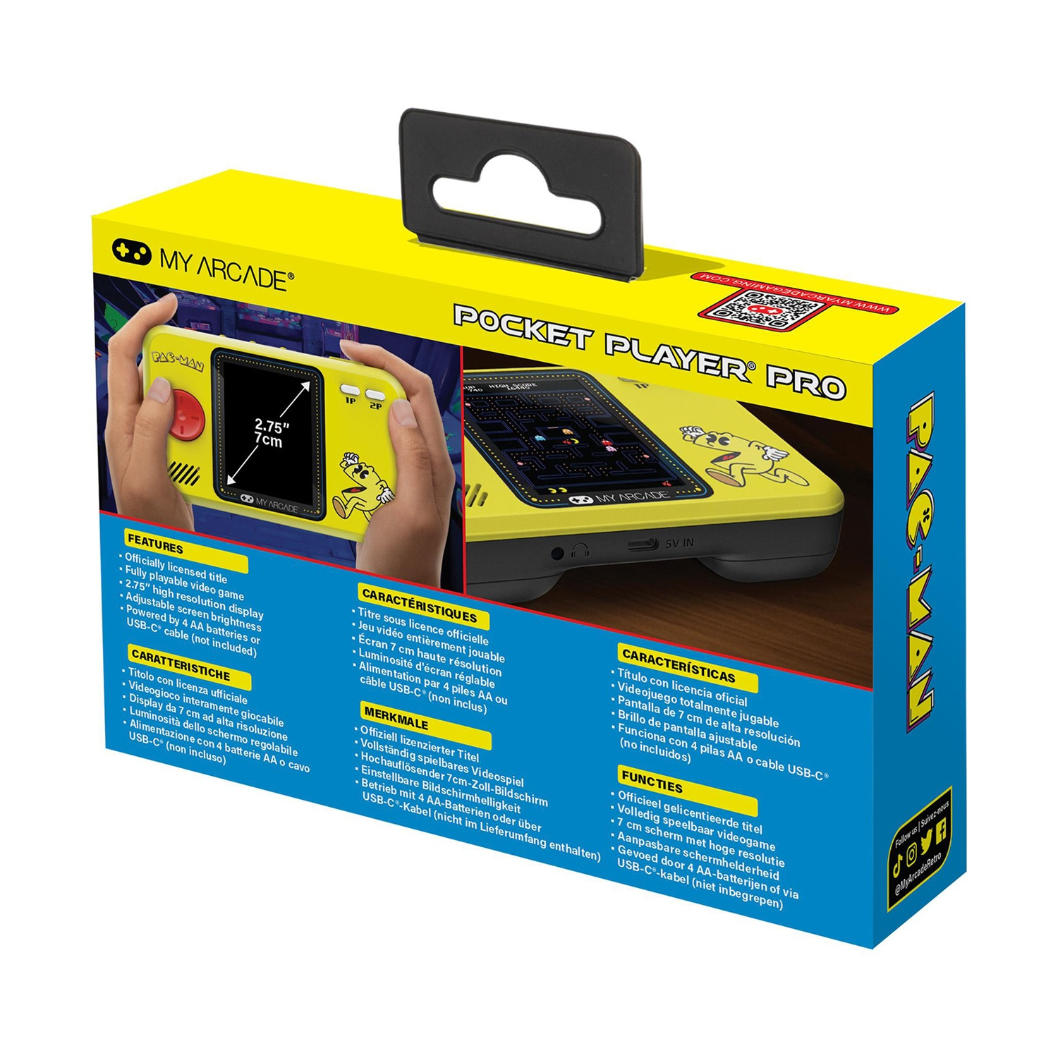 Consola portátil amarilla My Arcade Pac-Man con gráficos de Pac-Man y características detalladas.