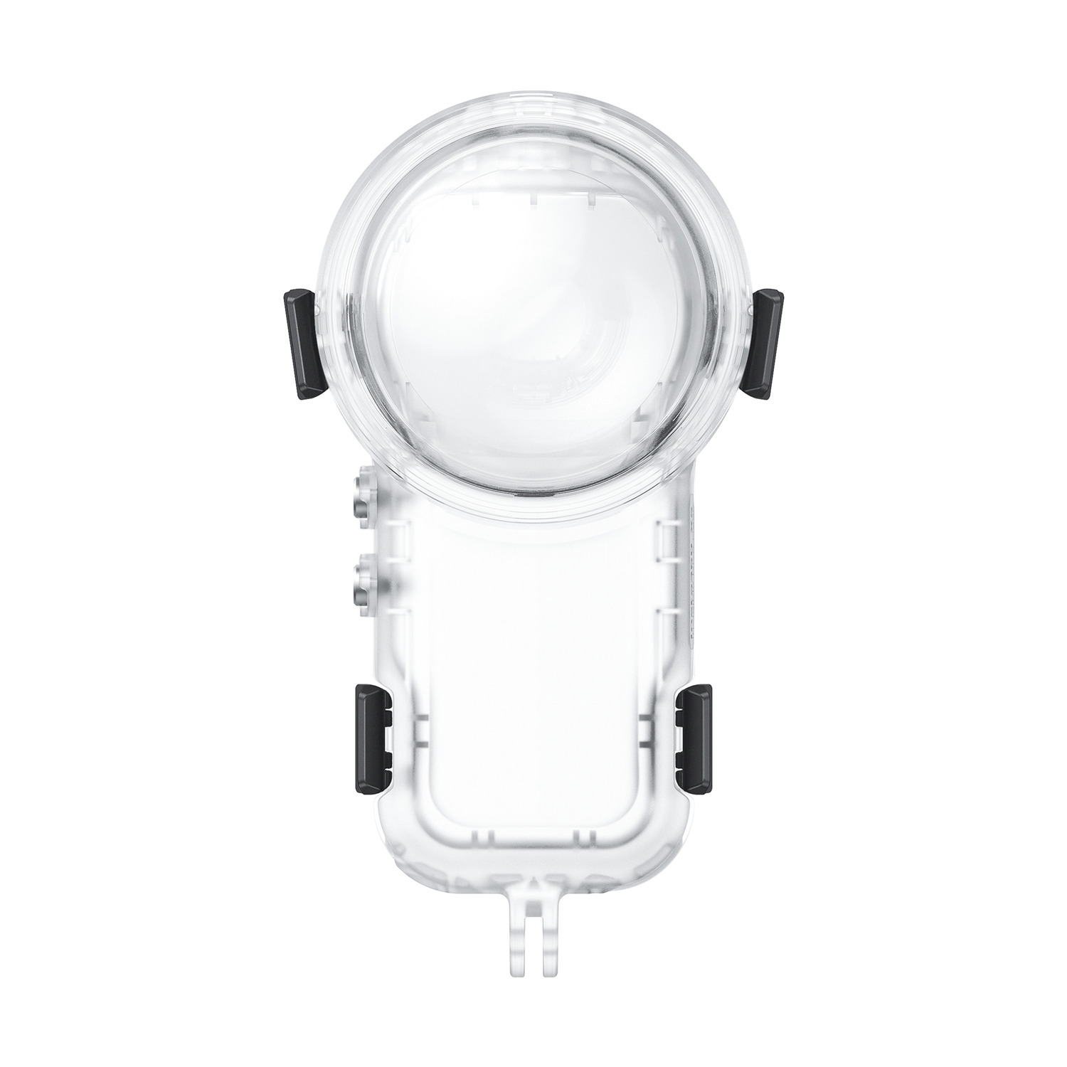 Transparante waterdichte hoes met zwarte clips en een rond lensgebied.