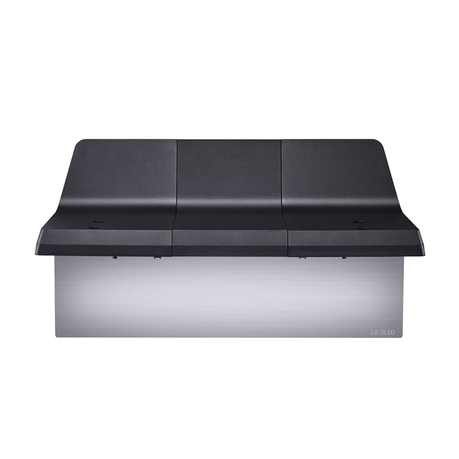 Un soporte negro con frontal plateado cepillado, logo LG OLED.