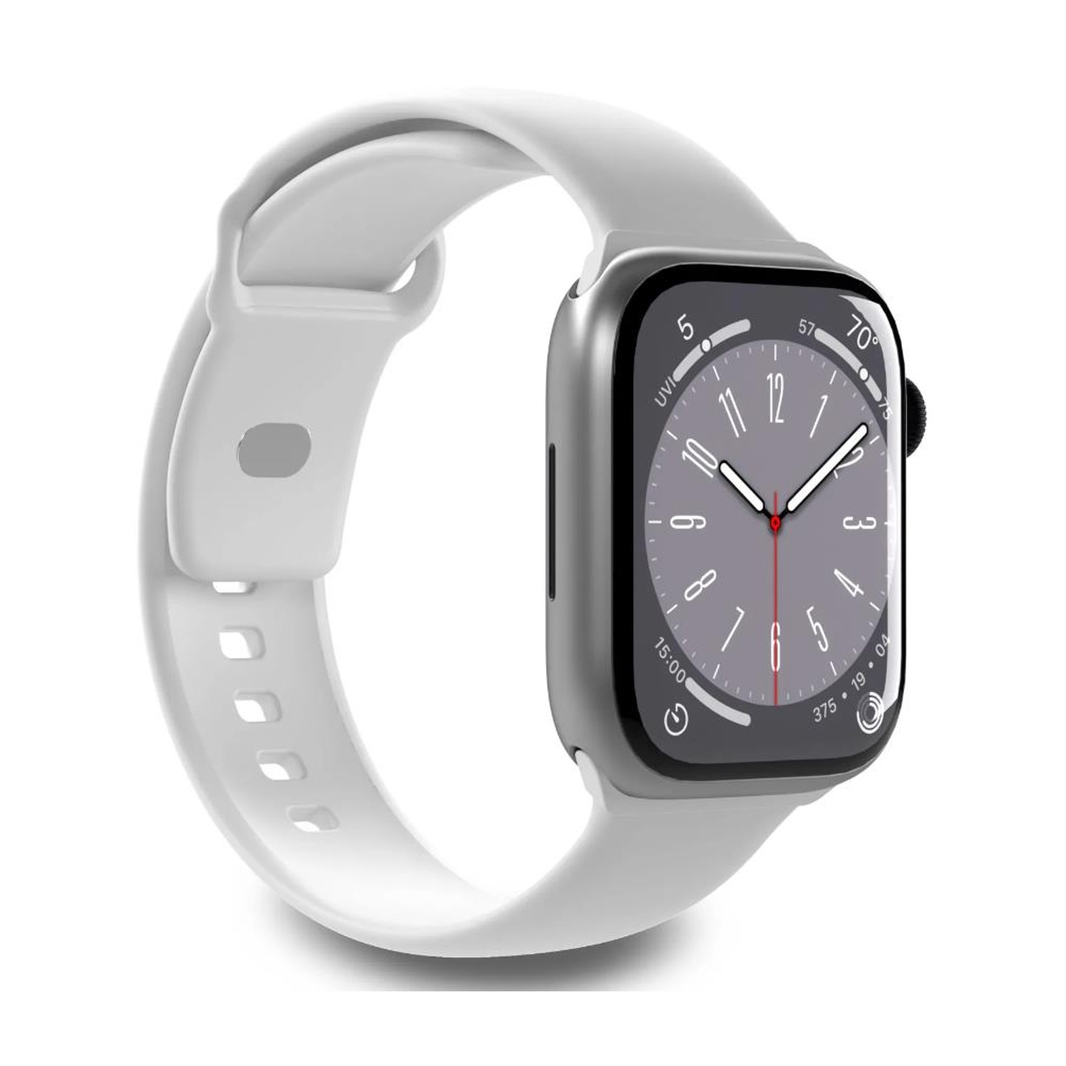 Reloj inteligente gris con correa blanca, pantalla digital muestra 15:00 y 57 grados.