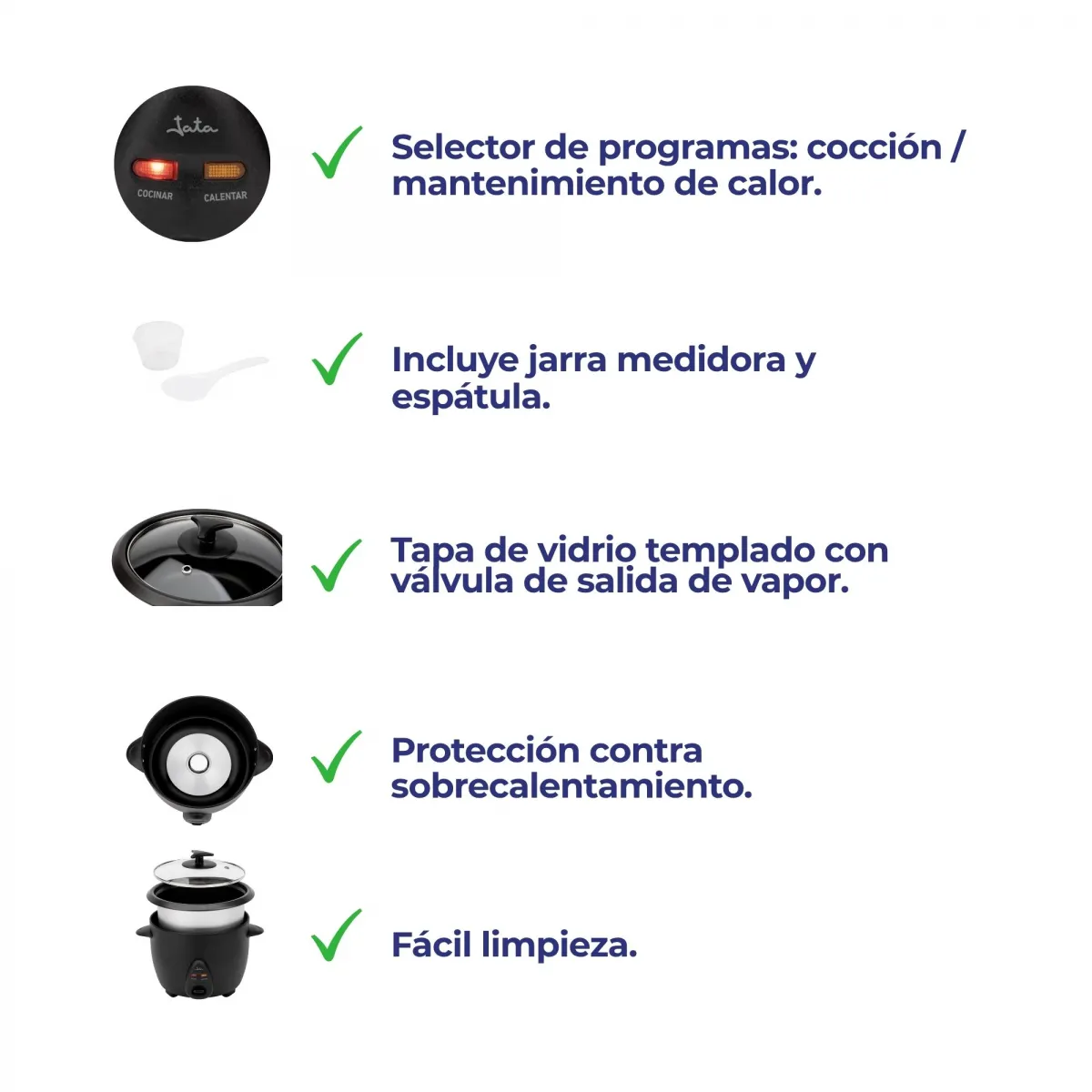 Olla arrocera con selector de programas, jarra medidora, espátula, tapa de vidrio.