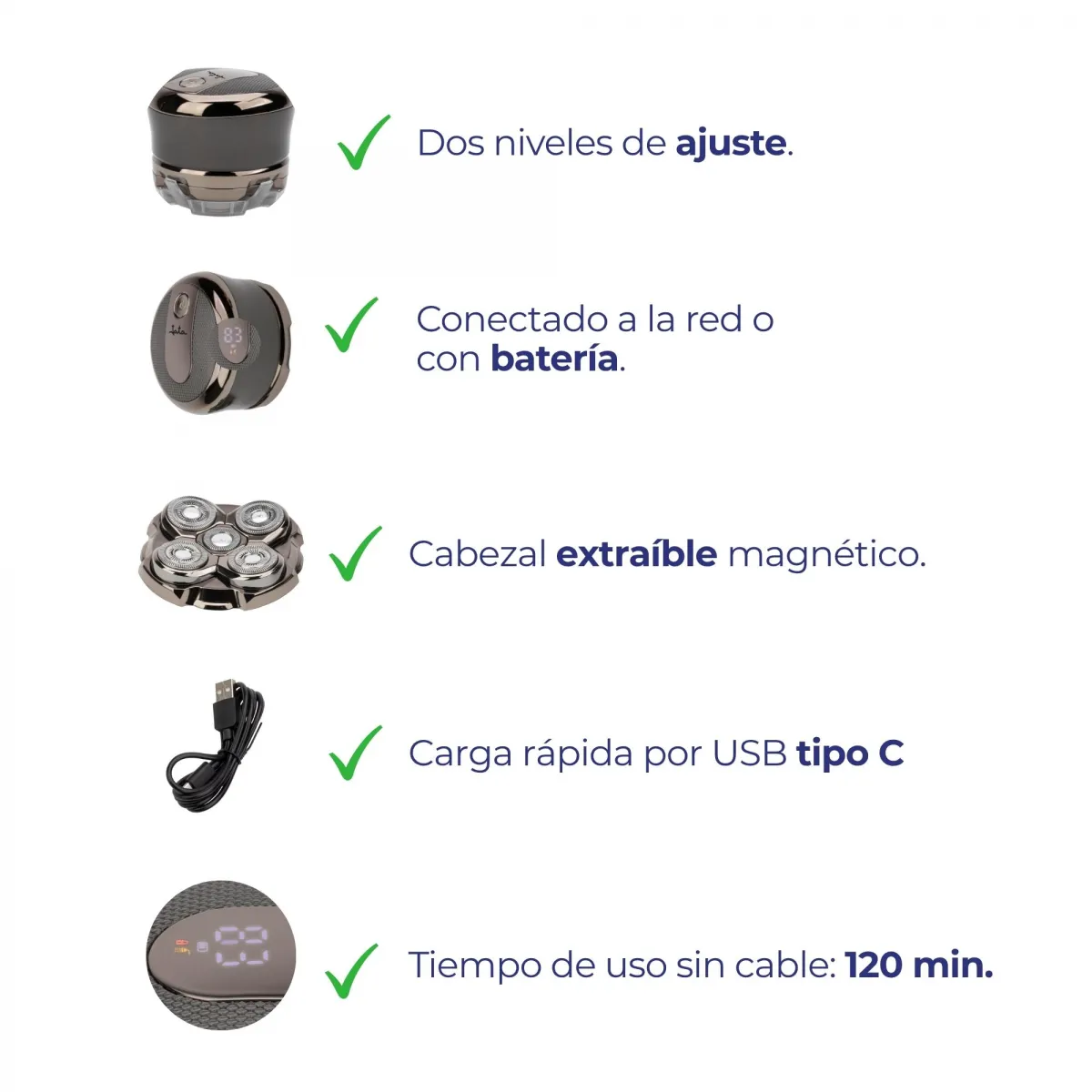 Afeitadora eléctrica con accesorios: 2 niveles, USB-C, indicador.