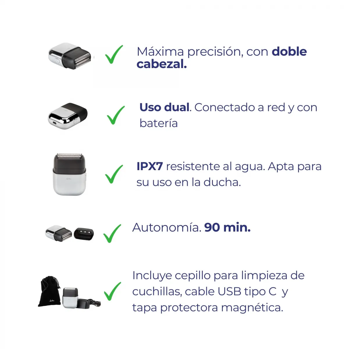 Afeitadora de precisión, doble cabezal, uso dual, IPX7 impermeable, 90 min.