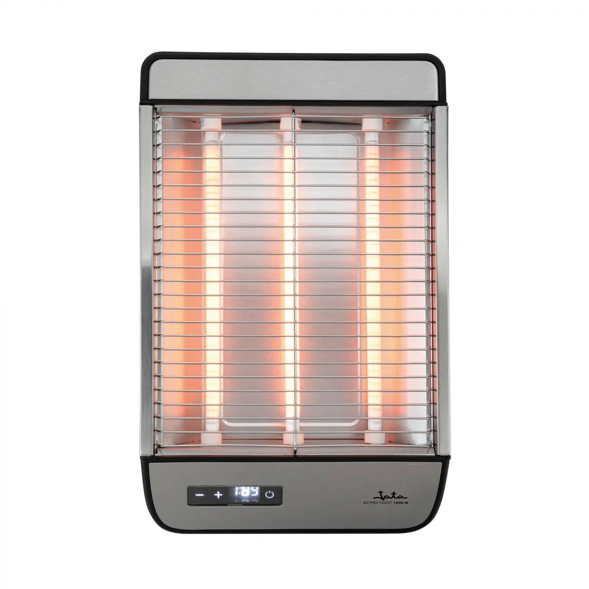 Un riscaldatore argentato con elementi rossi luminosi e un display digitale.