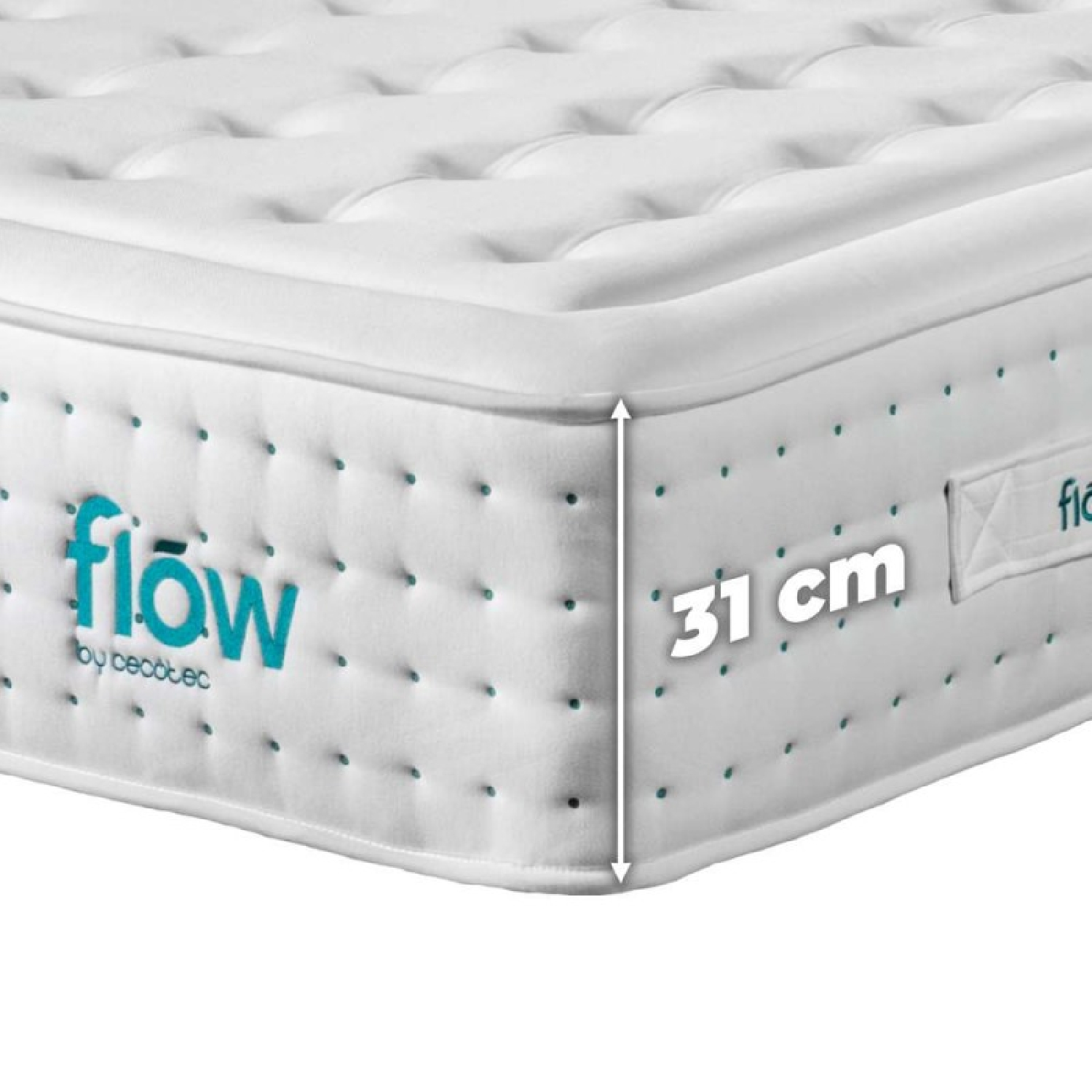 Colchón blanco con logo azul 'flow' e indicador de 31 cm.